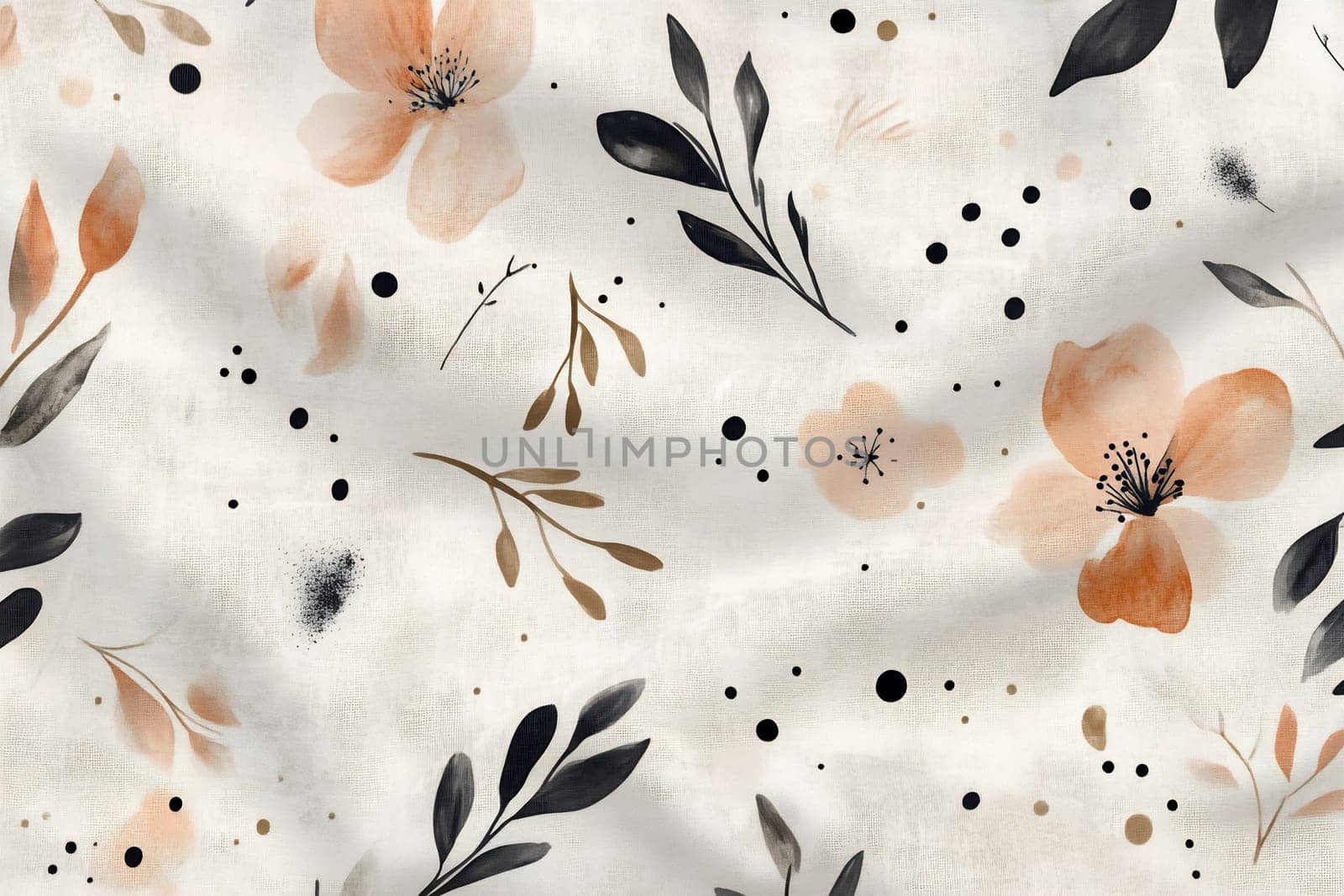 Delicate floral patterns featuring soft peach blossoms and dark green leaves are beautifully arranged on a light background.