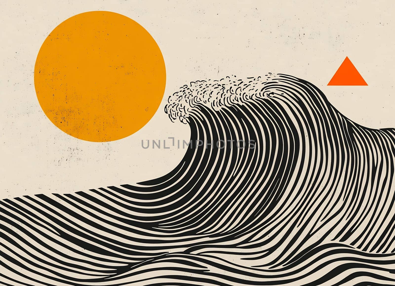 Bold black and white wave design features a large sun and a simplistic triangle, creating a striking visual contrast.