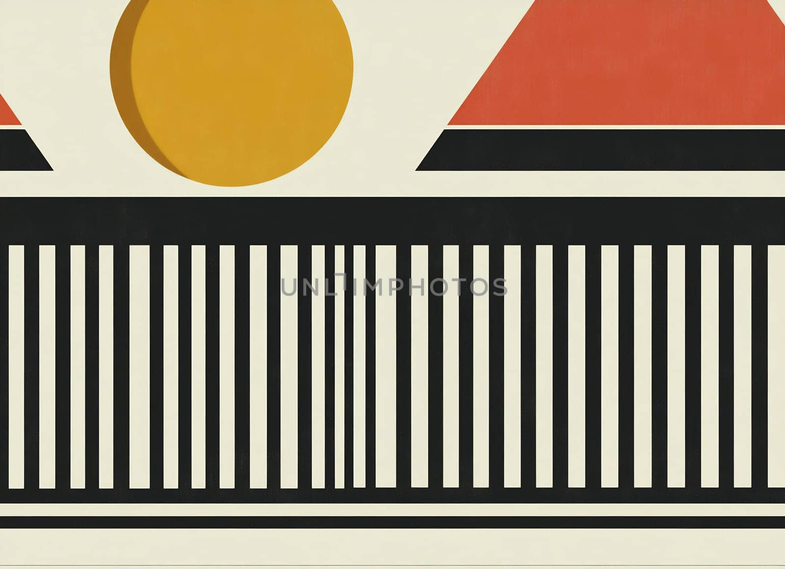 Bright geometric shapes create a striking visual composition with bold colors and patterns against a neutral background.