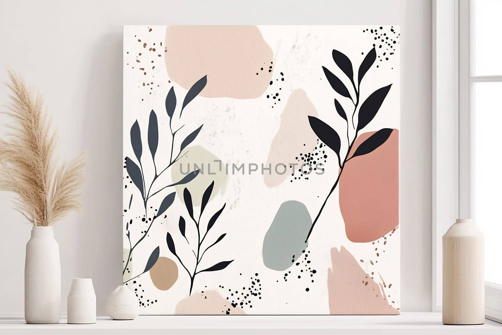 A modern painting featuring black leaves and pastel shapes in a serene indoor setting, enhancing the cozy atmosphere.