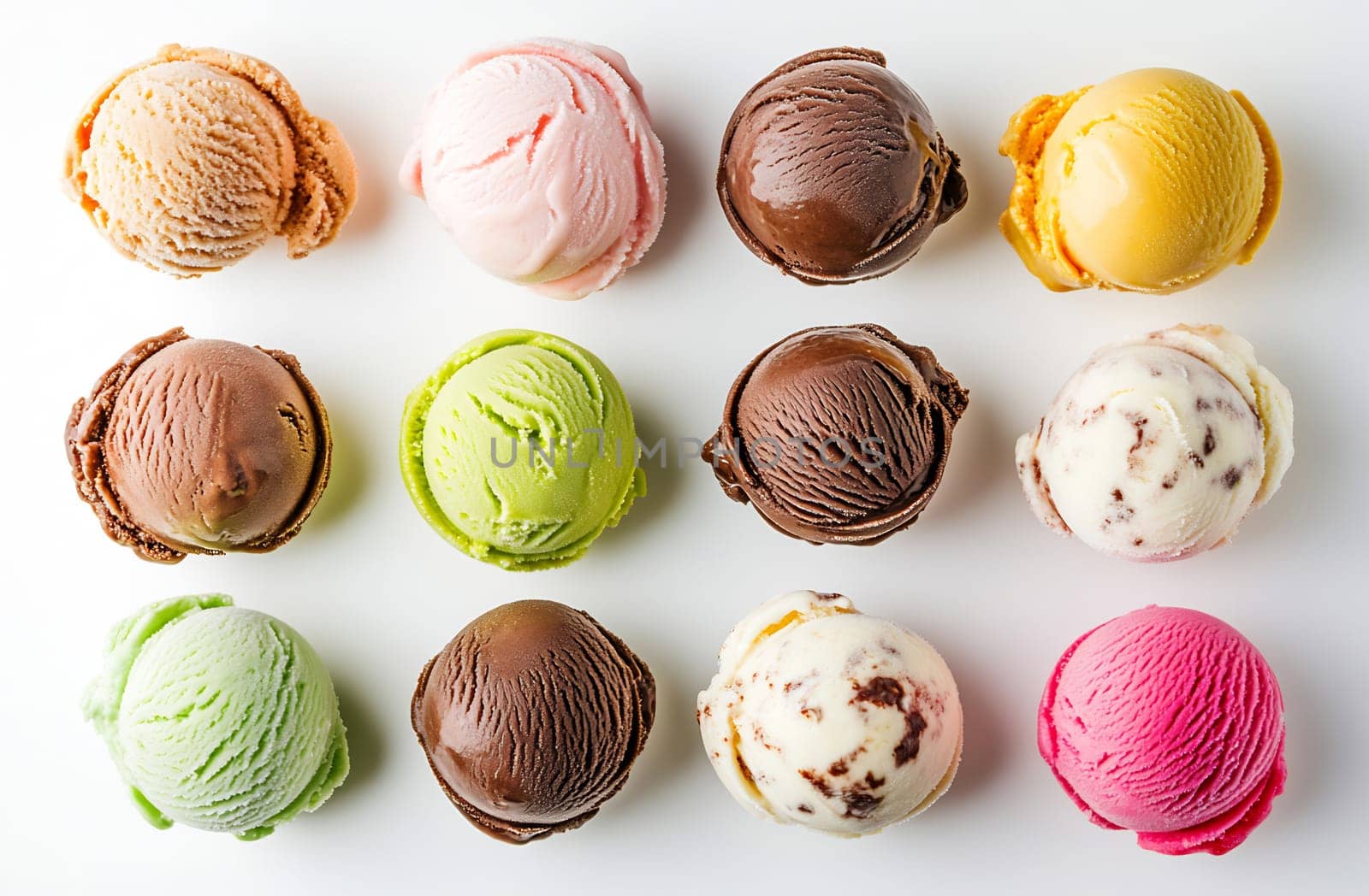 Twelve scoops of ice cream in various flavors arranged neatly on a white surface, showcasing vibrant colors and tempting textures.