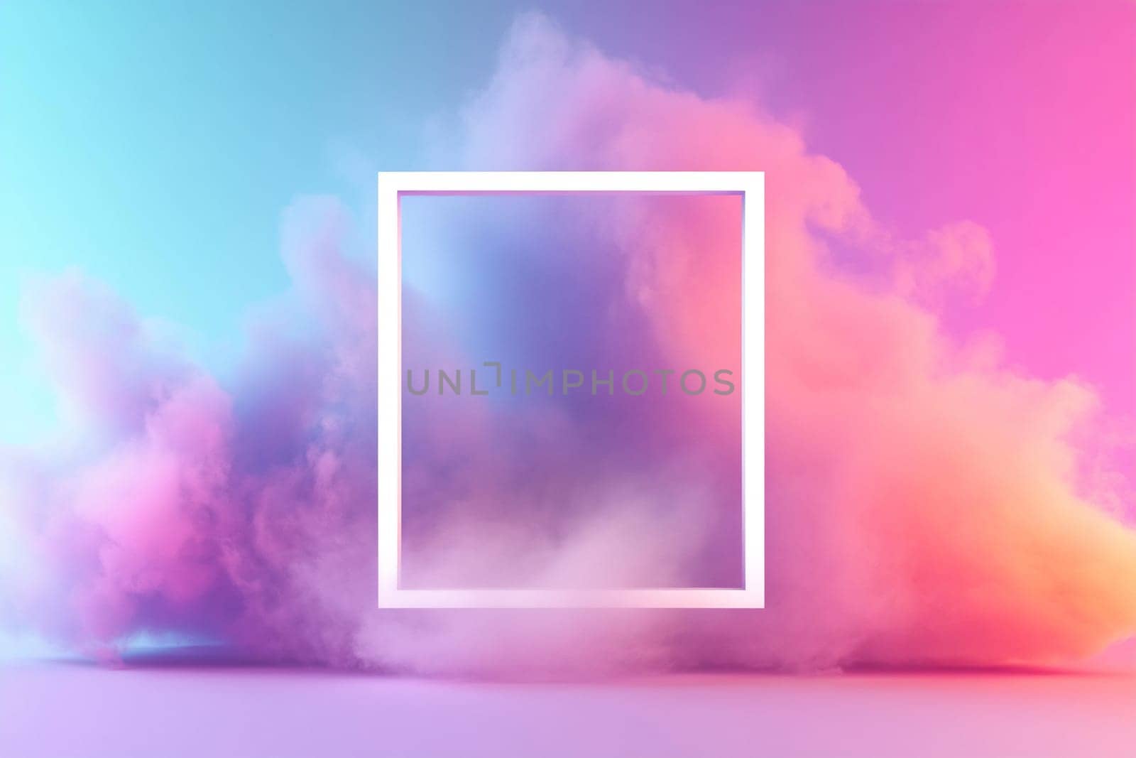 A vibrant display of pastel clouds fills the backdrop, creating a soft and ethereal atmosphere with a blank square frame in the center.
