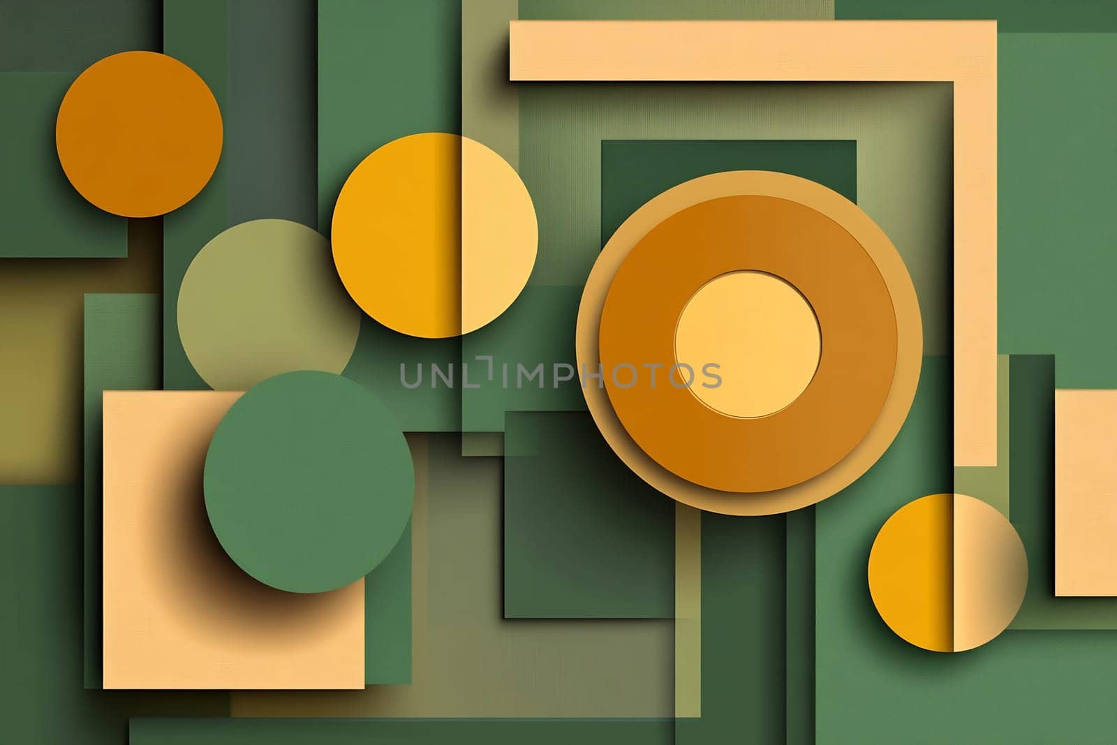 Colorful geometric shapes in various sizes blend harmoniously to create a modern abstract design with a calming color palette.