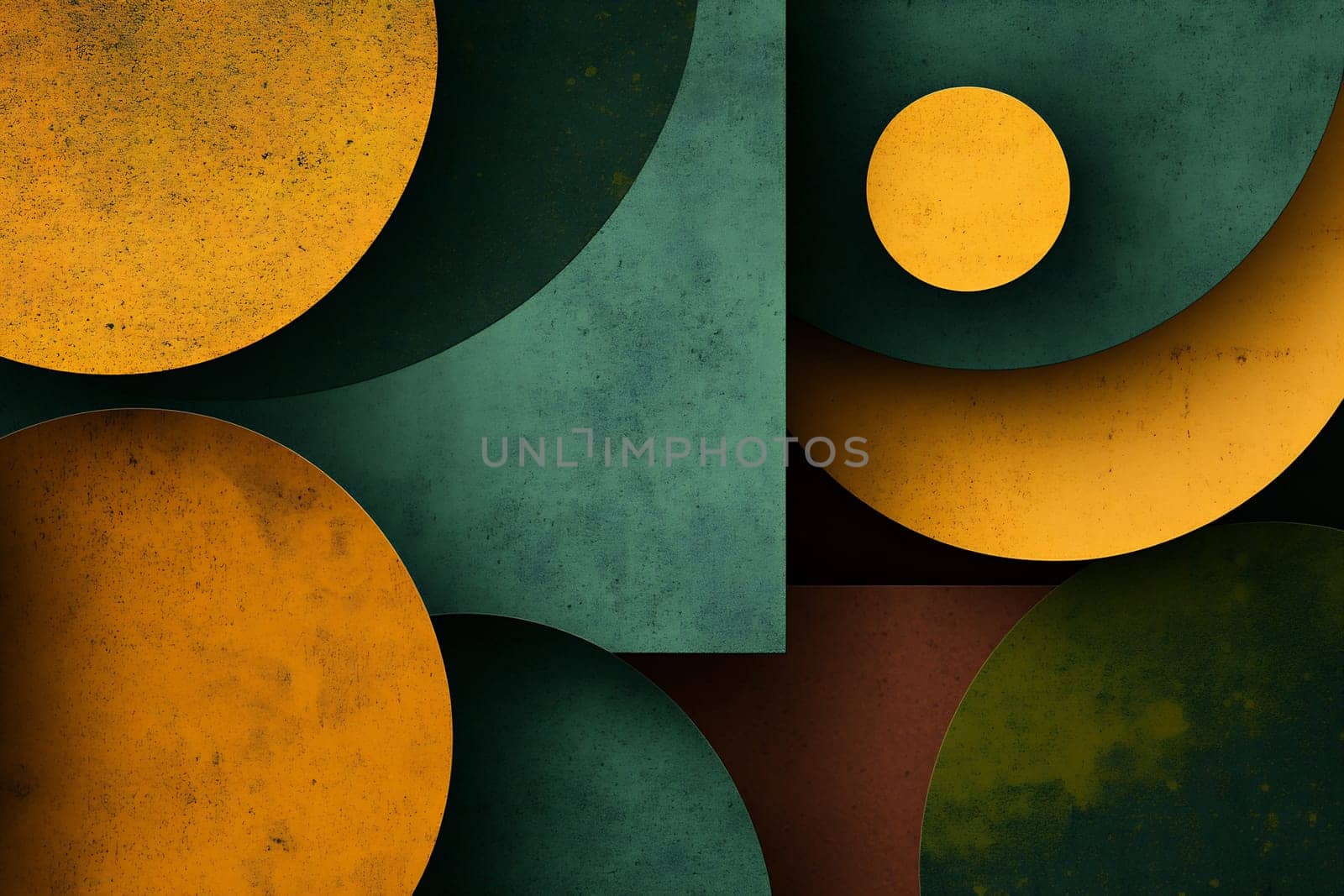 An abstract composition features overlapping circles and shapes in various earthy colors, creating a vibrant visual effect.