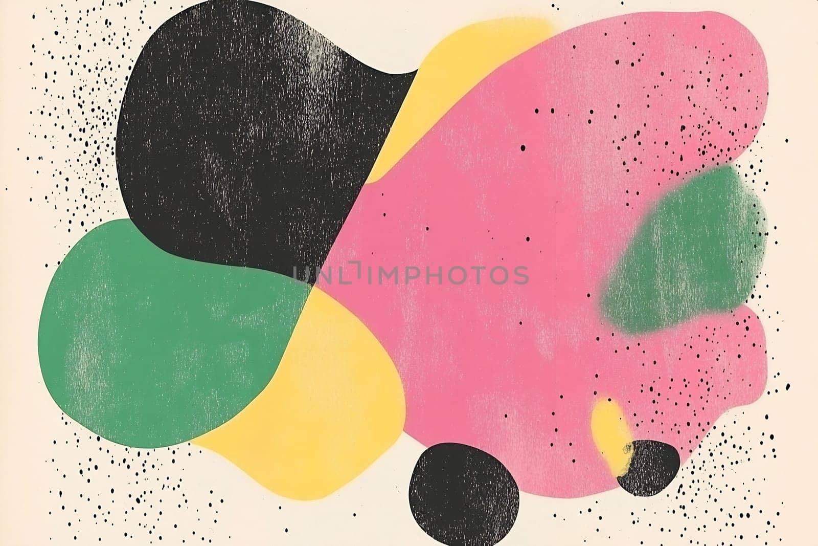 Colorful abstract shapes blend harmoniously, showcasing a playful composition of pink, black, green, and yellow on a light background.
