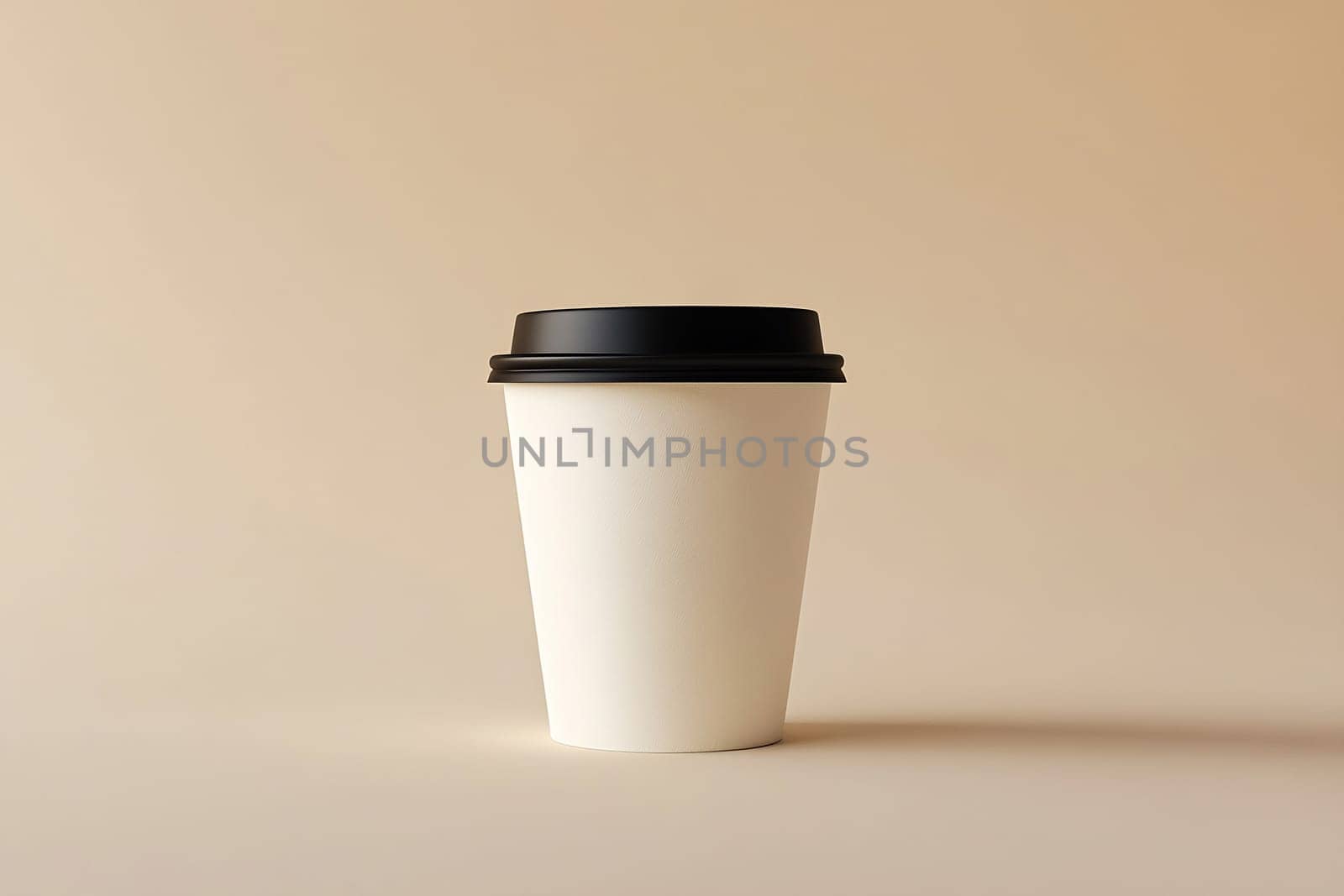 A plain white coffee cup stands upright on a soft, neutral backdrop, showcasing its minimalist design and black lid.