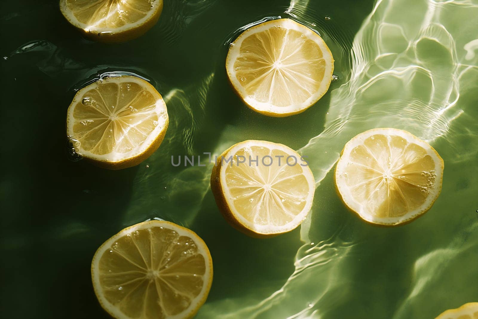Yellow lemon slices drift atop sparkling water, reflecting light and creating a refreshing summer vibe in a serene setting.
