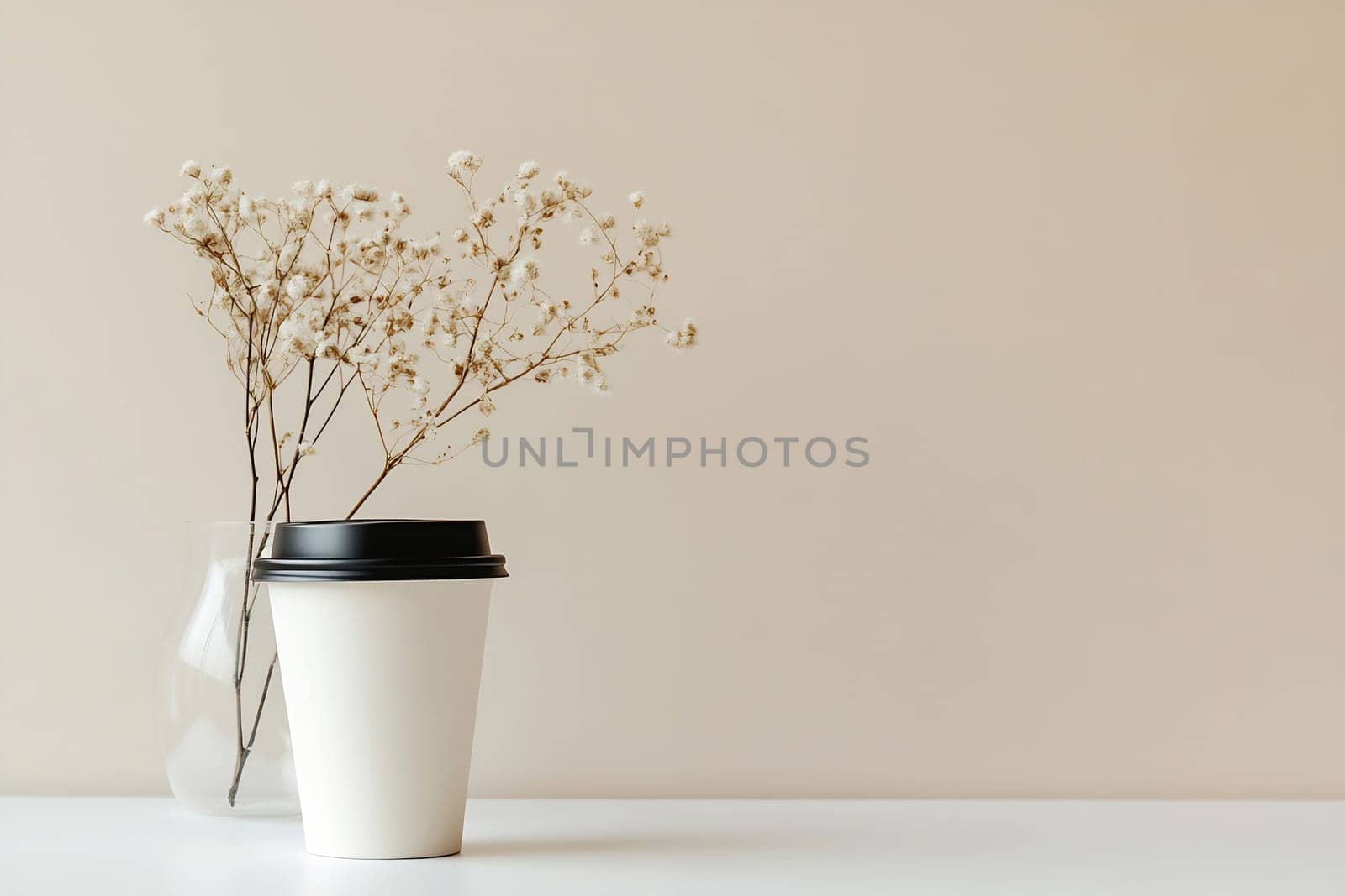A simple setup features a white coffee cup next to a small vase of dried flowers on a light background, creating a cozy ambiance.