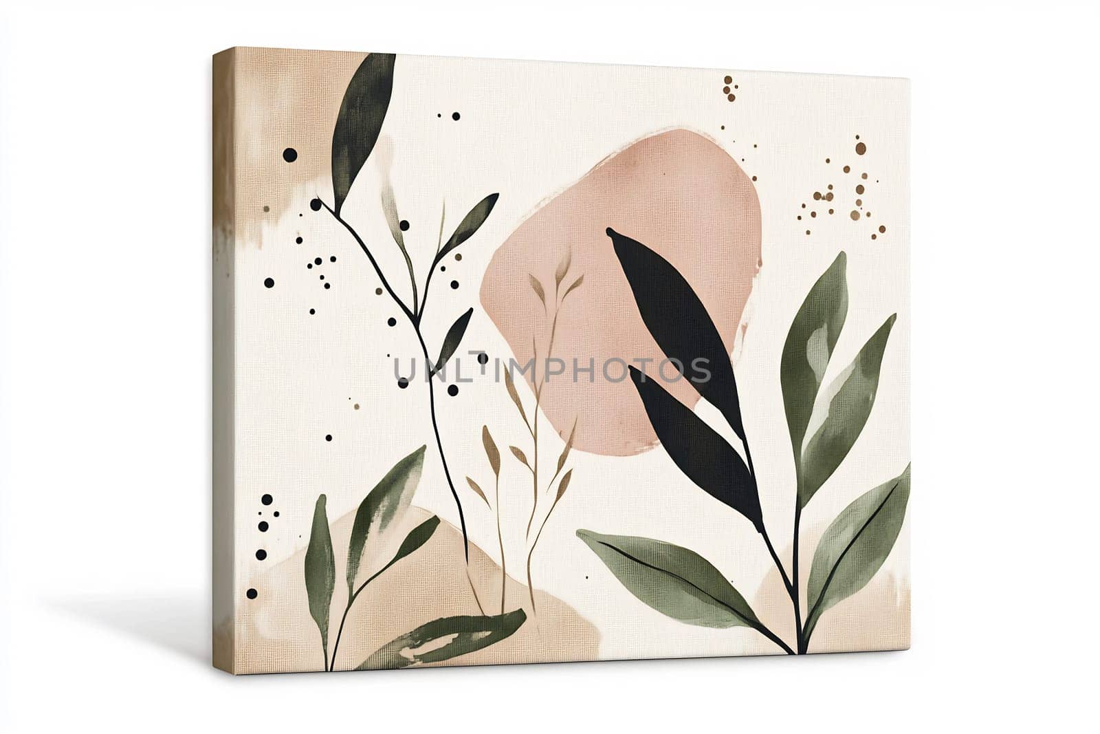 This artwork showcases soft colors and organic shapes, highlighting various leaves against a muted background, creating a calming effect.