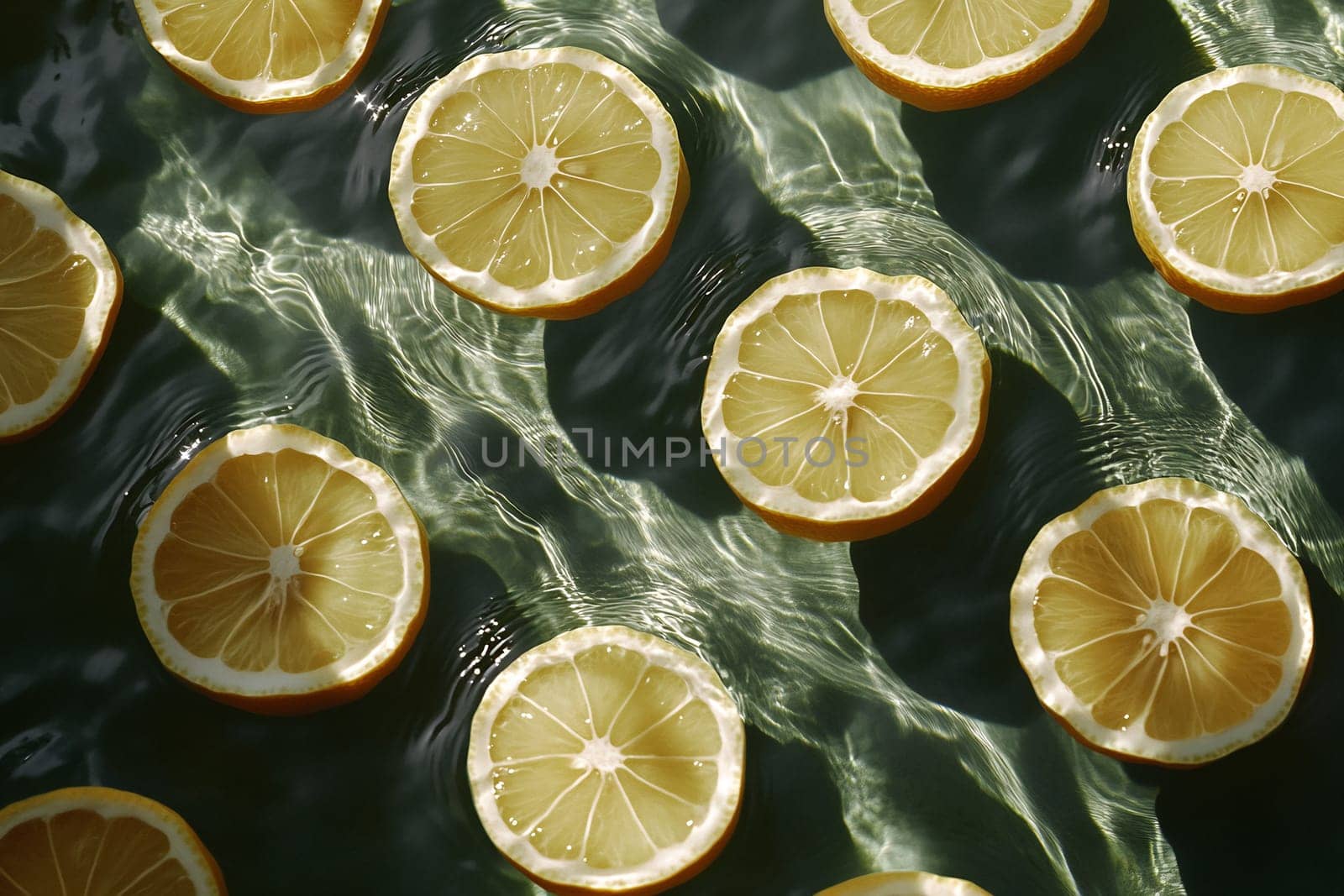 Fresh lemon slices drift on the surface of clear water, creating a refreshing and vibrant visual effect under bright lighting.