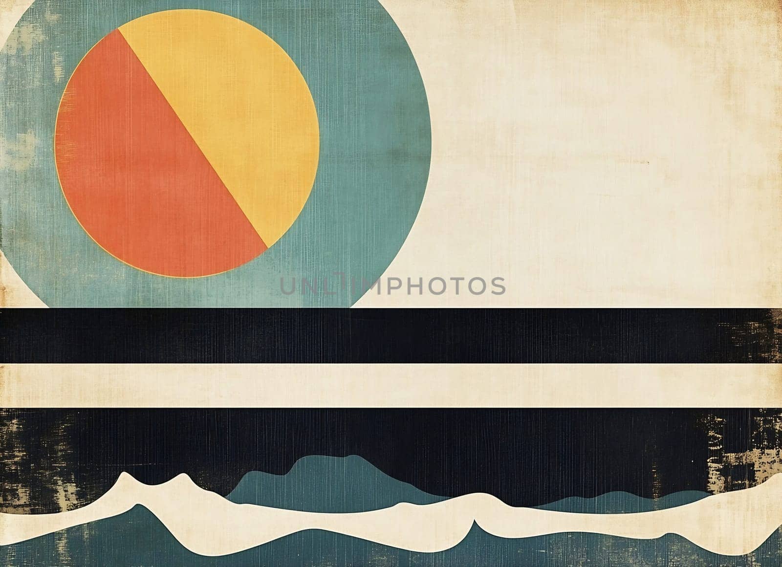 A vibrant sunset with a circular sun set against abstract ocean waves and muted mountains, creating a retro design atmosphere.