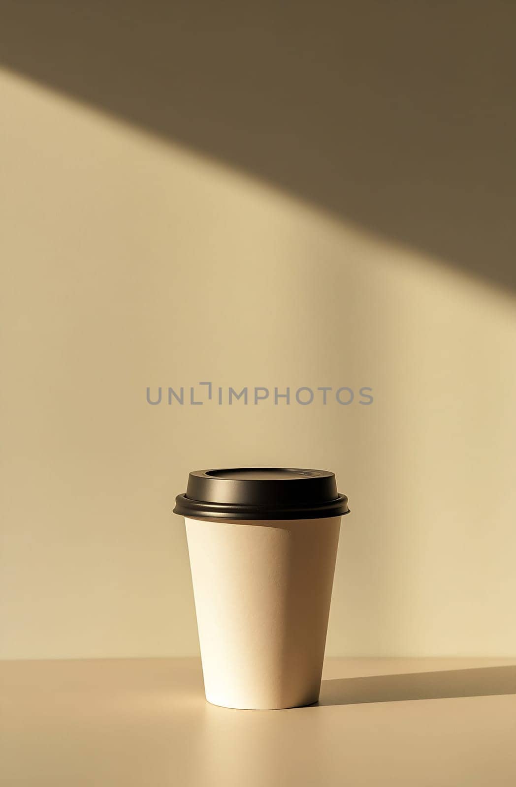 A white coffee cup with a black lid rests on a table, bathed in soft sunlight creating a warm ambiance.