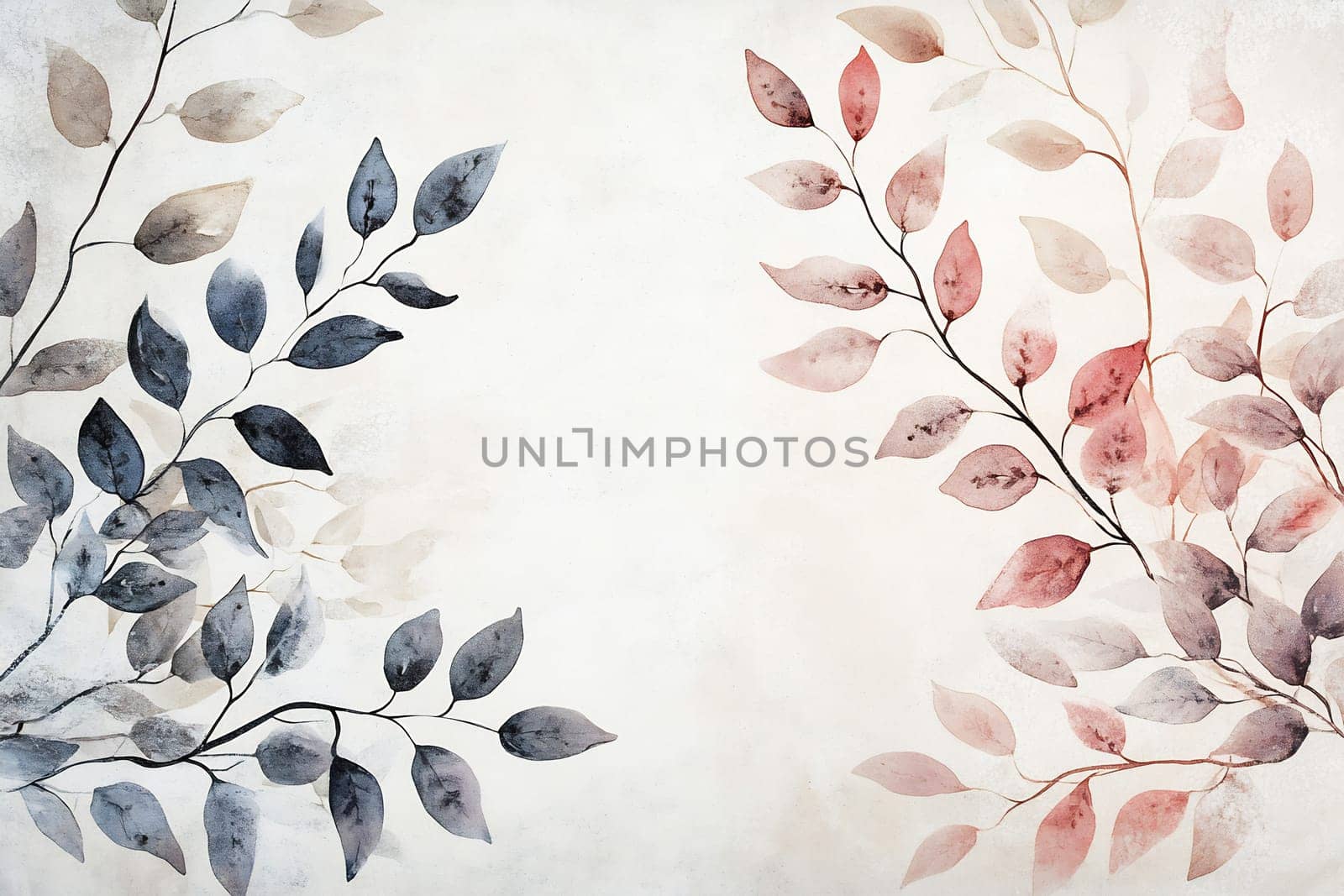 Delicate branches with colorful leaves create a serene and artistic composition, showcasing soft shades of gray and pink against a light background.