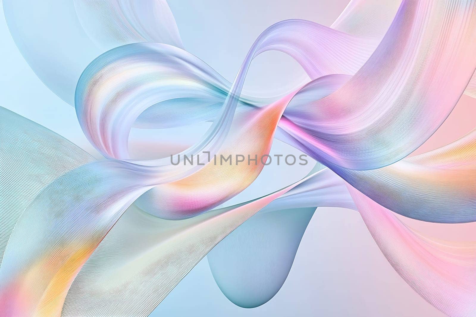 Soft pastel ribbons intertwine elegantly, creating a harmonious blend of colors and fluid shapes across a serene background.