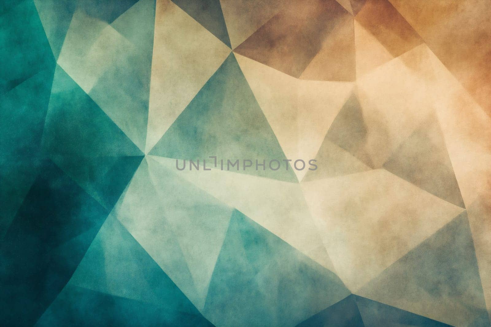 This artwork features a vibrant geometric design with overlapping shapes in shades of teal, orange, and cream.