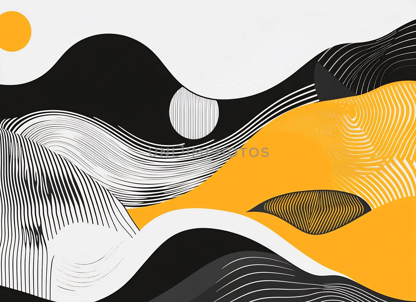 Bold black and yellow lines create dynamic wavy patterns against a light background, evoking a sense of movement and modern design.