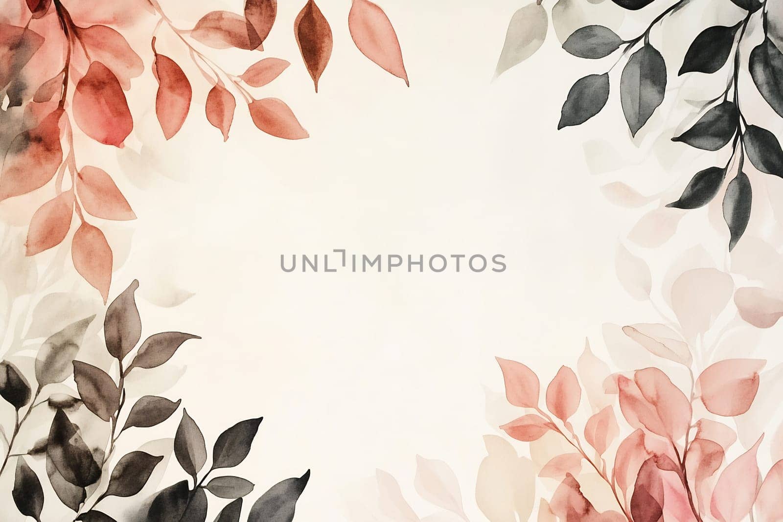Delicate watercolor leaves in shades of pink and gray frame a light background, creating a serene and calming atmosphere for various uses.
