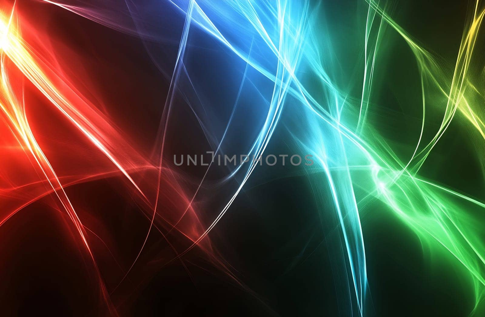 Vibrant lines of red, blue, green, and yellow flow across a dark background, creating dynamic, colorful patterns that evoke energy and movement.