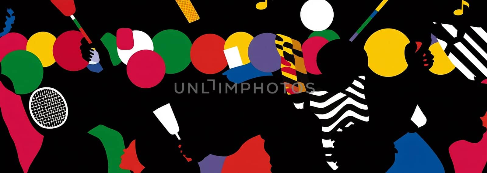 Vibrant crowd enjoying a lively music festival with colorful shapes and instruments against a dark background, creating an energetic atmosphere.