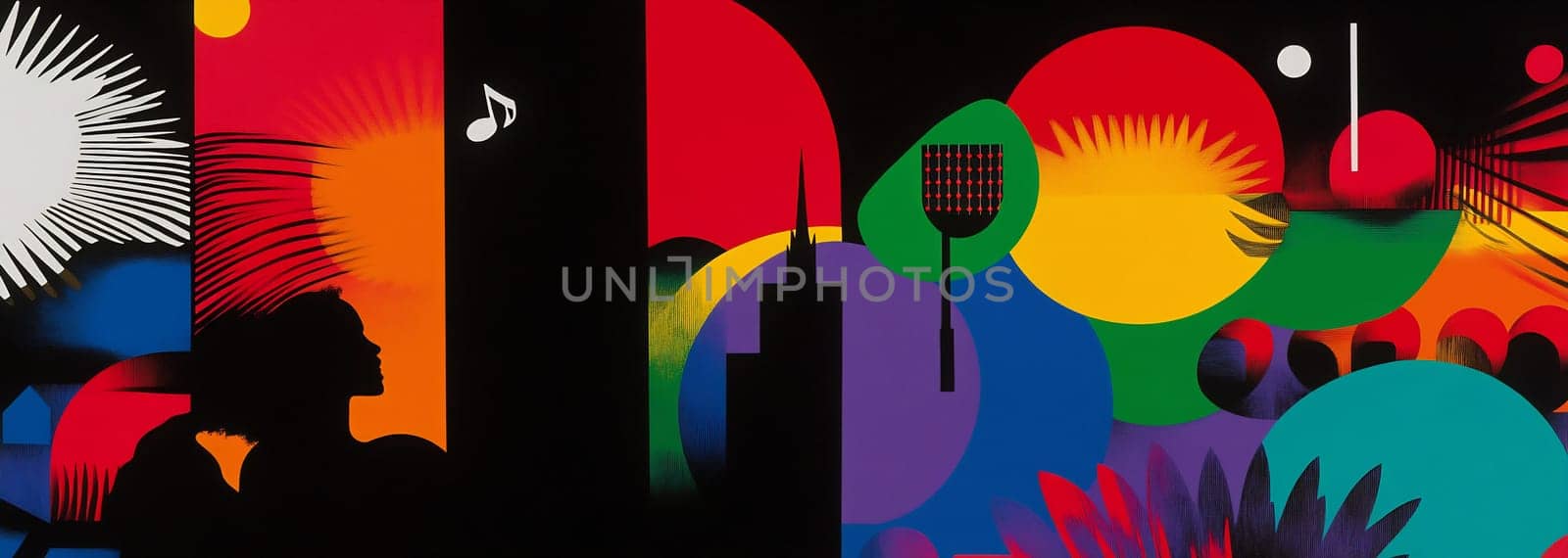 A vibrant abstract mural features bold colors and shapes, showcasing urban life with elements of nature and musical motifs in a cityscape.