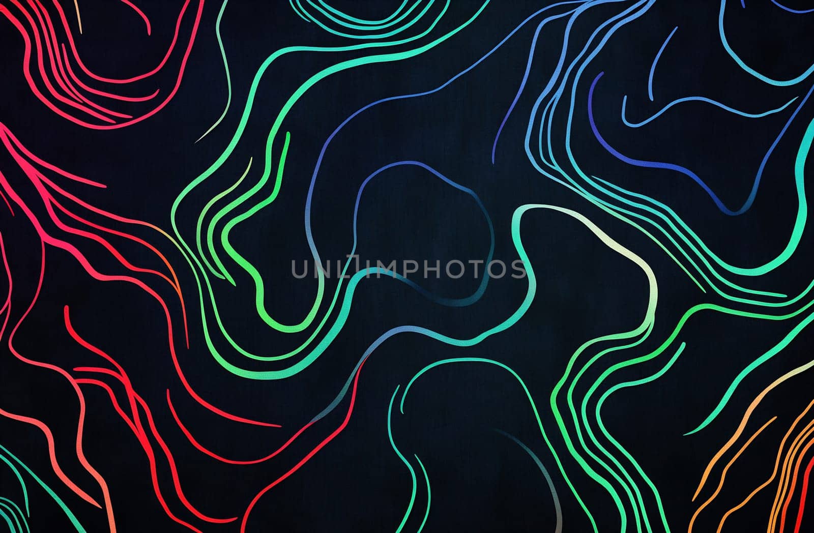 Fluid lines in vibrant colors twist and turn against a dark background, creating an abstract design that captivates the viewer's attention.