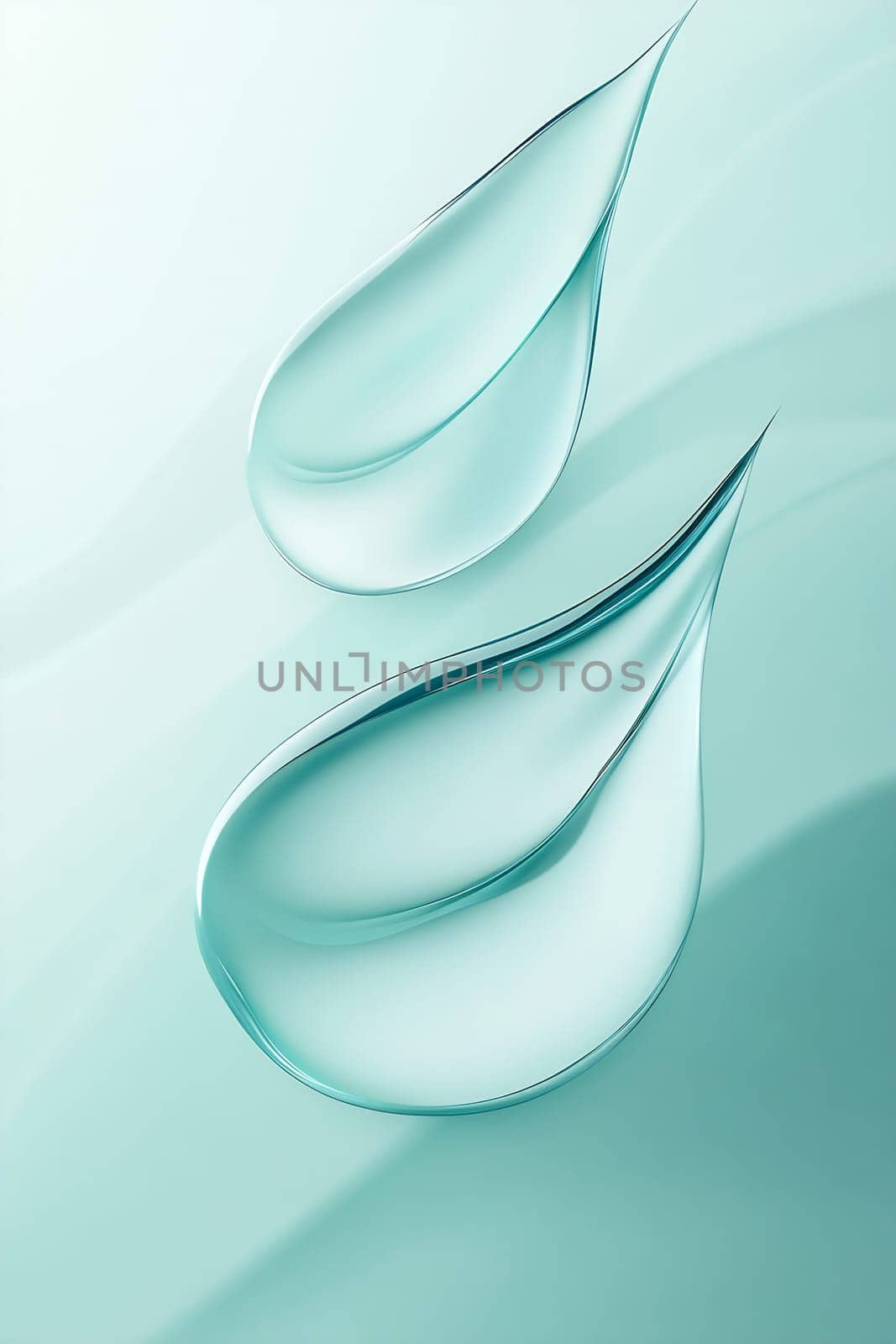 Two clear water droplets rest gracefully on a smooth, soft turquoise background, showcasing a calming effect.