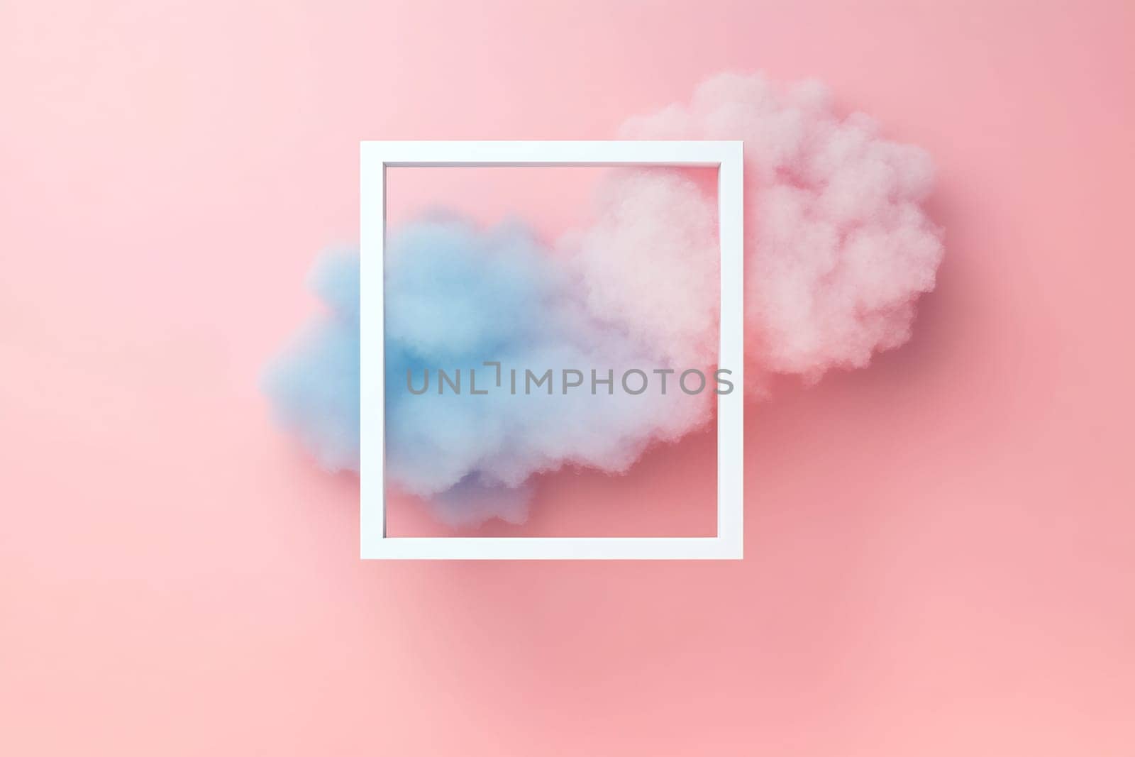 Soft blue and pink clouds float within a white rectangular frame against a pastel pink background, creating a serene visual experience.