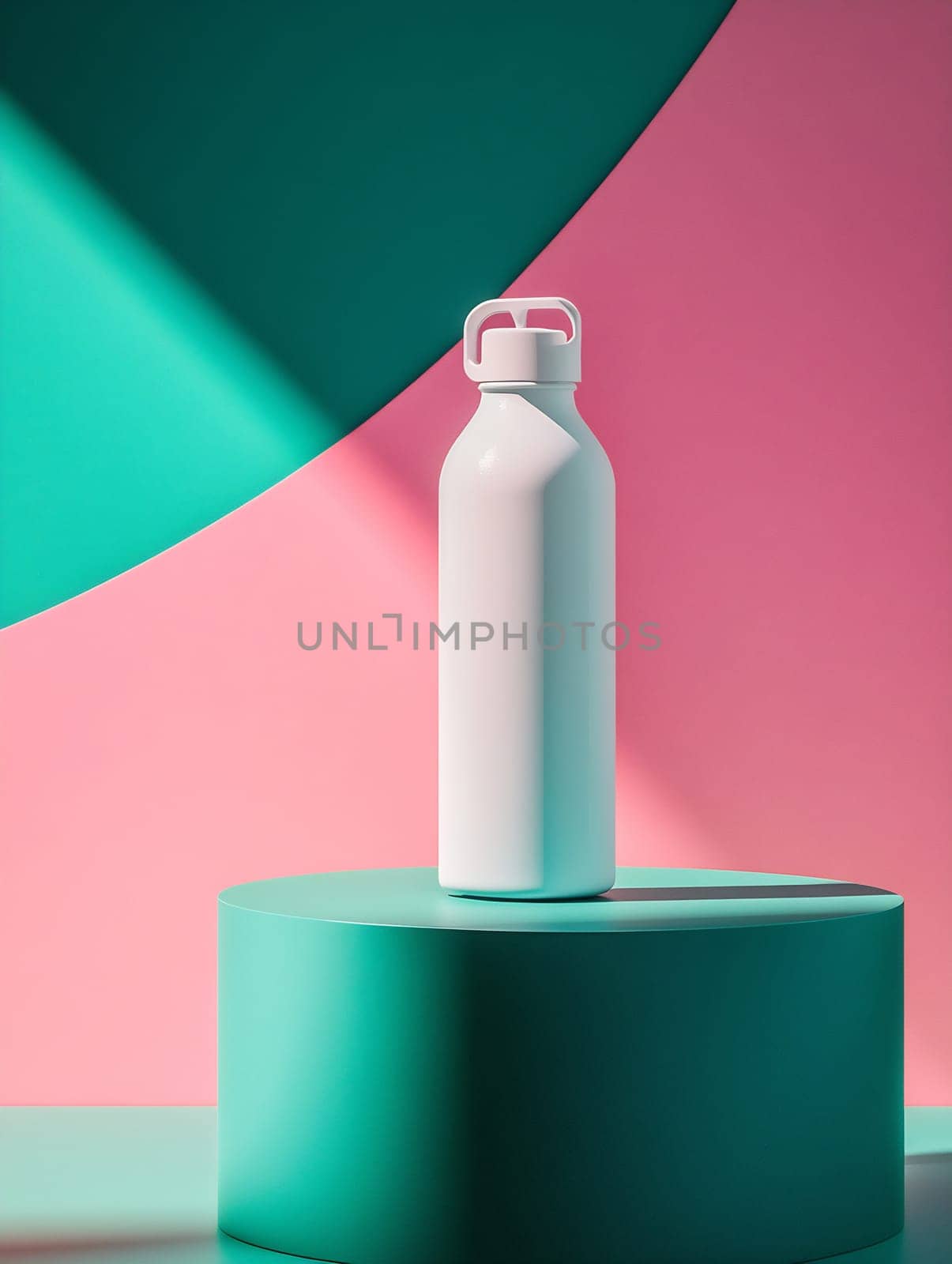 A sleek white water bottle stands prominently on a turquoise pedestal against a vibrant pink and green background with geometric shapes.