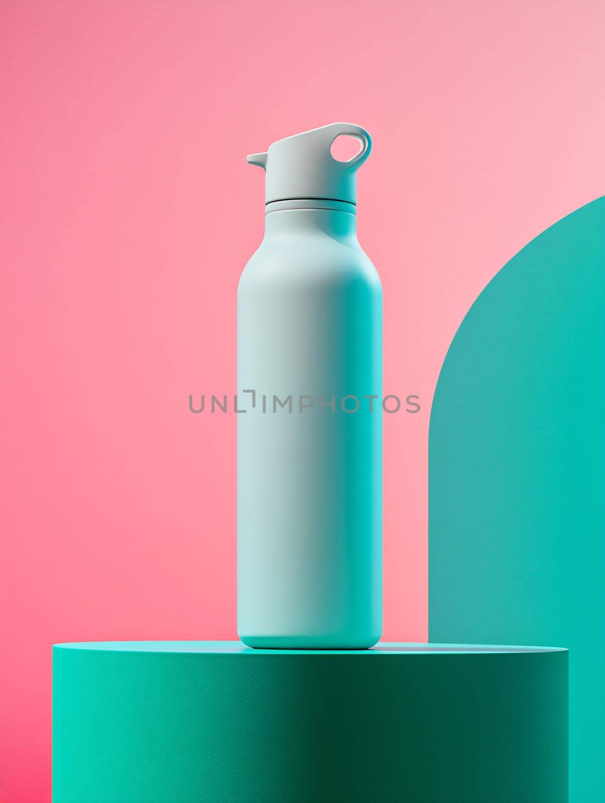 This sleek water bottle stands upright on a green pedestal against a vibrant pink backdrop, showcasing modern design and functionality.