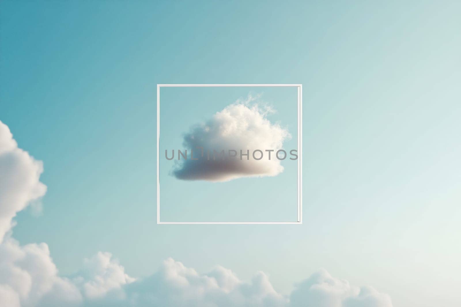 A solitary cloud floats against a blue sky, highlighted within a rectangular frame, creating a surreal visual effect.