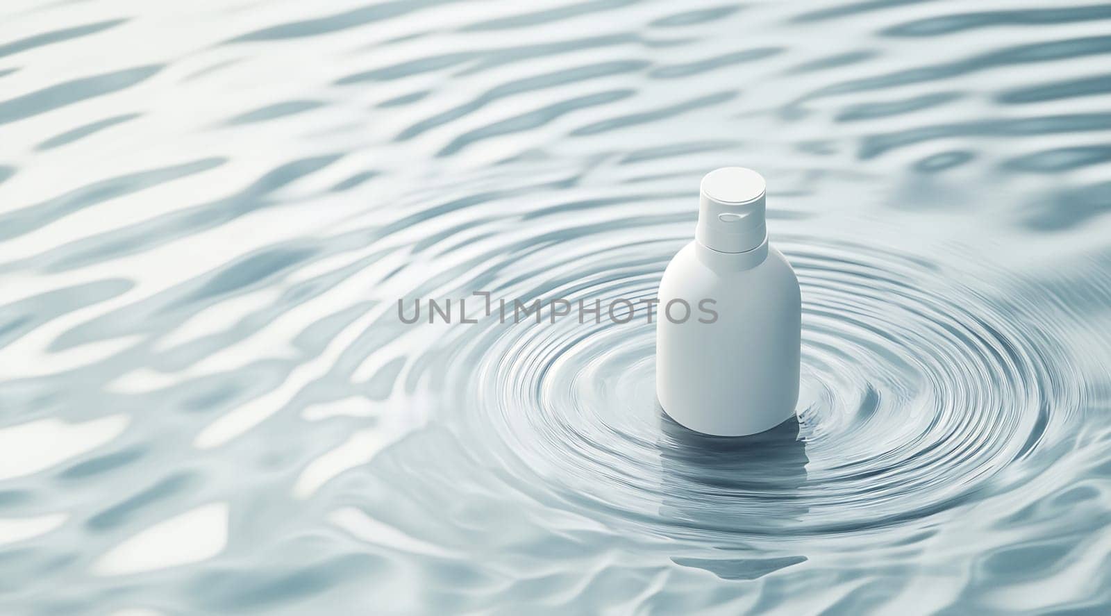 A white bottle gently floats on the surface of still water, creating soft ripples around it in serene surroundings.