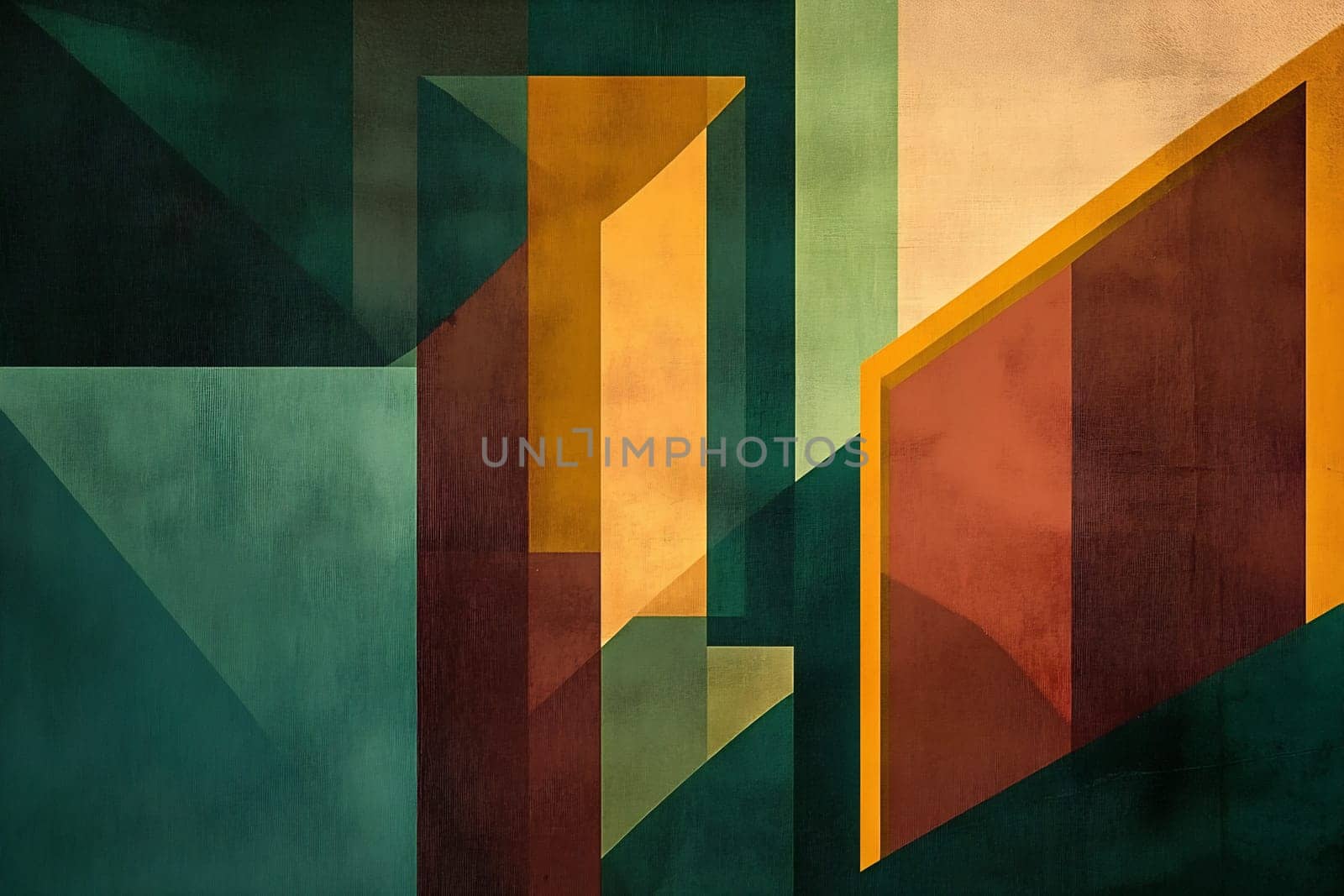 This artwork features abstract geometric shapes in a blend of dark green, yellow, and earthy tones, showcasing depth and contrast.