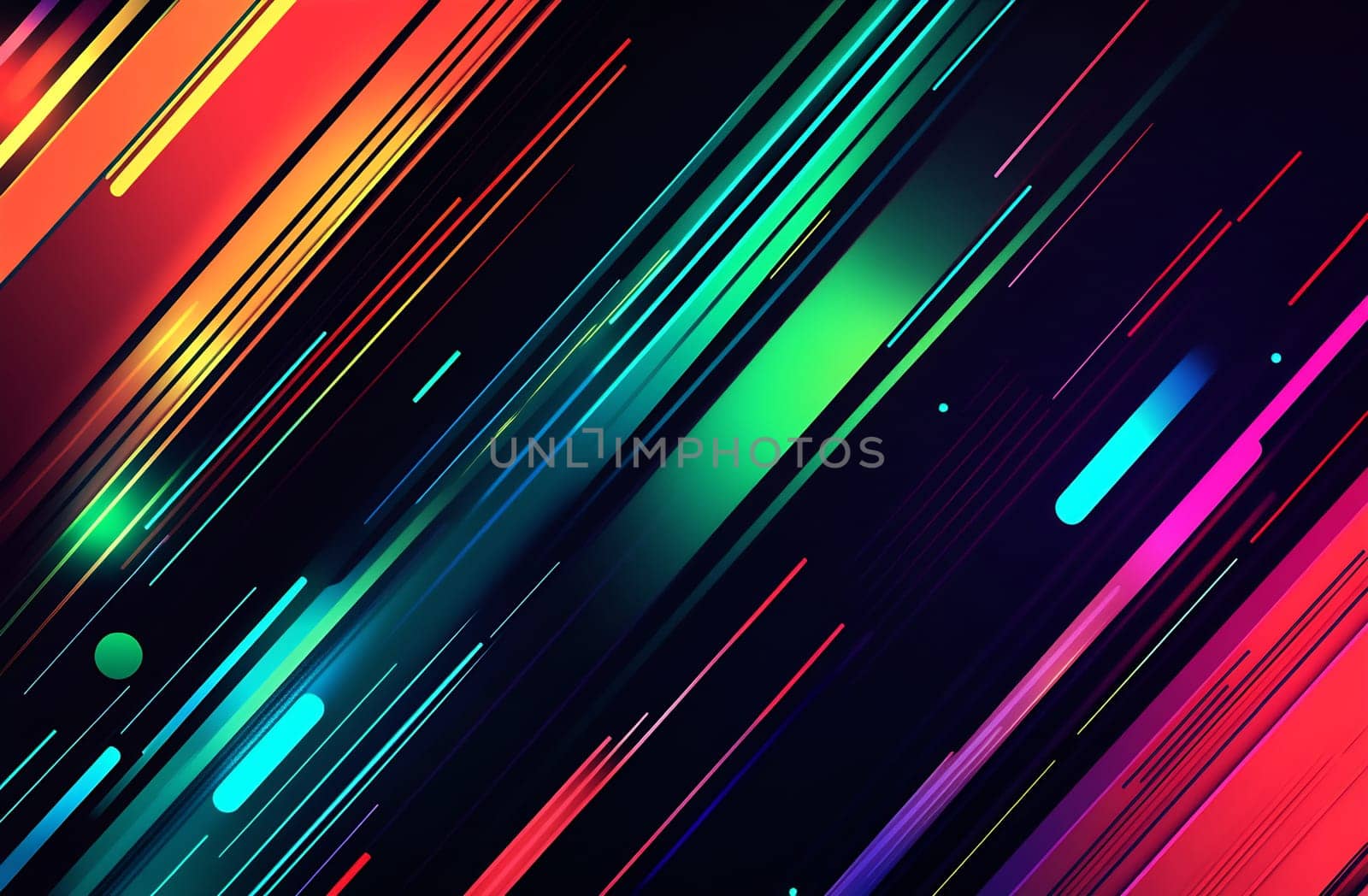 Bright, colorful lines stretch diagonally across a dark backdrop, conveying a sense of speed and energy in a vibrant design.