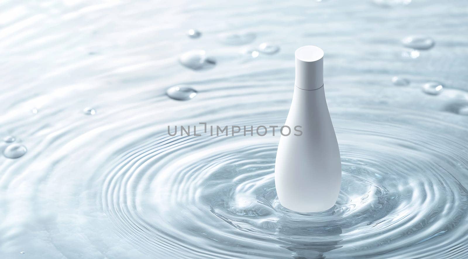 A white bottle stands upright in clear water, surrounded by gentle ripples, creating a calm and serene atmosphere.