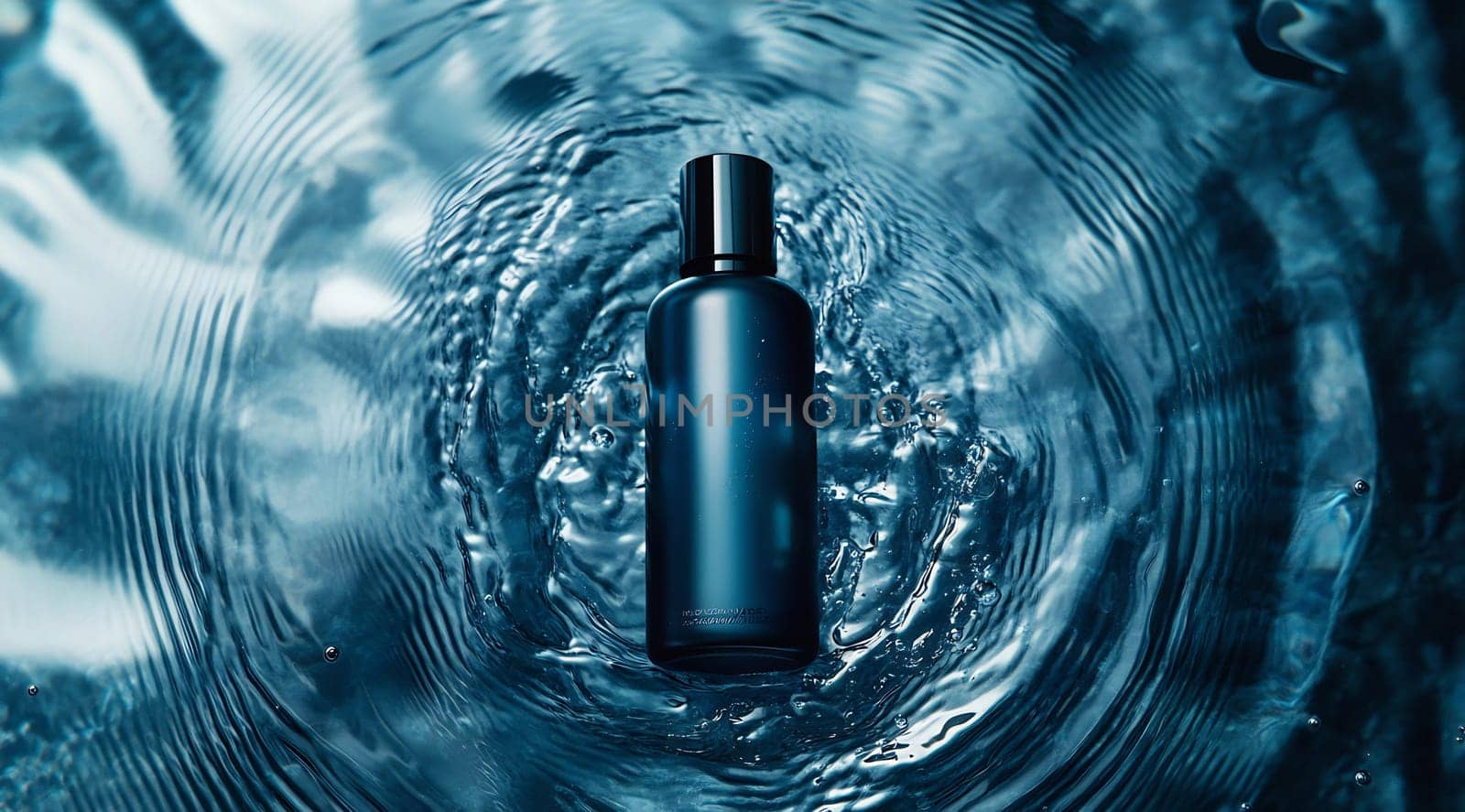 A dark bottle floats on rippling blue water, creating beautiful patterns around it, capturing a serene moment of tranquility.