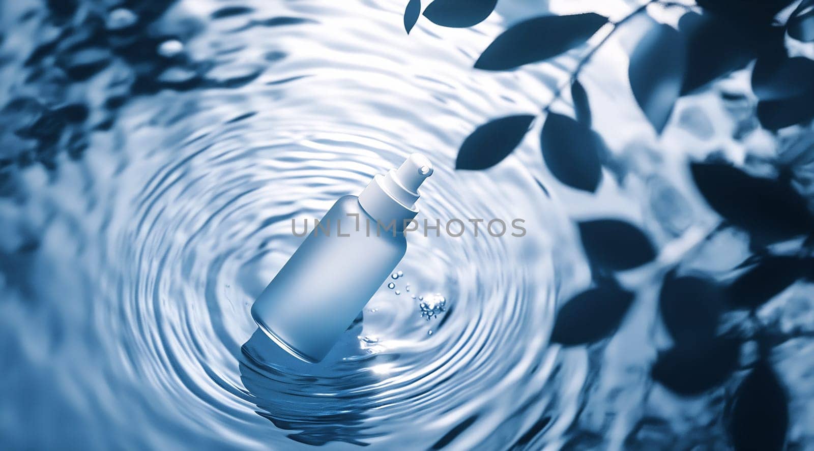 A clear water bottle gently floats on rippling water, surrounded by leaves, creating a tranquil scene of nature and serenity.