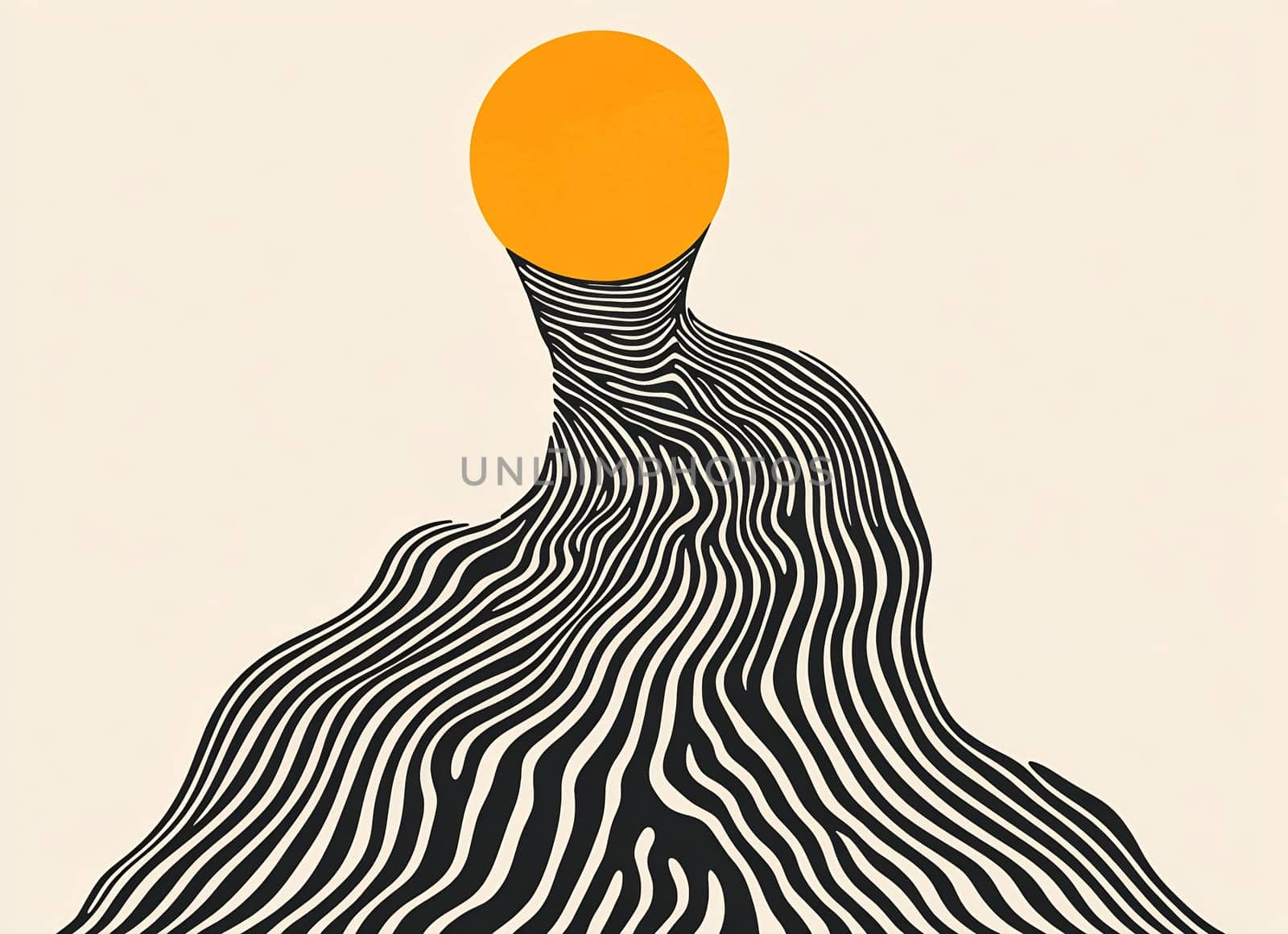 A vibrant sun rises above flowing black and white lines that create a captivating abstract landscape. The artwork blends simplicity with elegance.