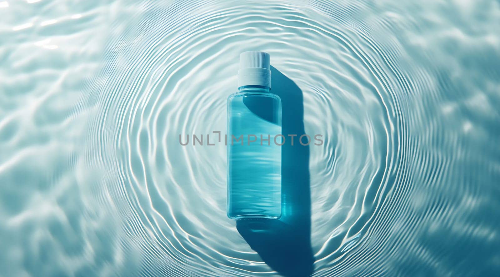 A clear bottle filled with turquoise liquid gently floats on a rippling water surface, casting soft shadows and reflections in sunlight.