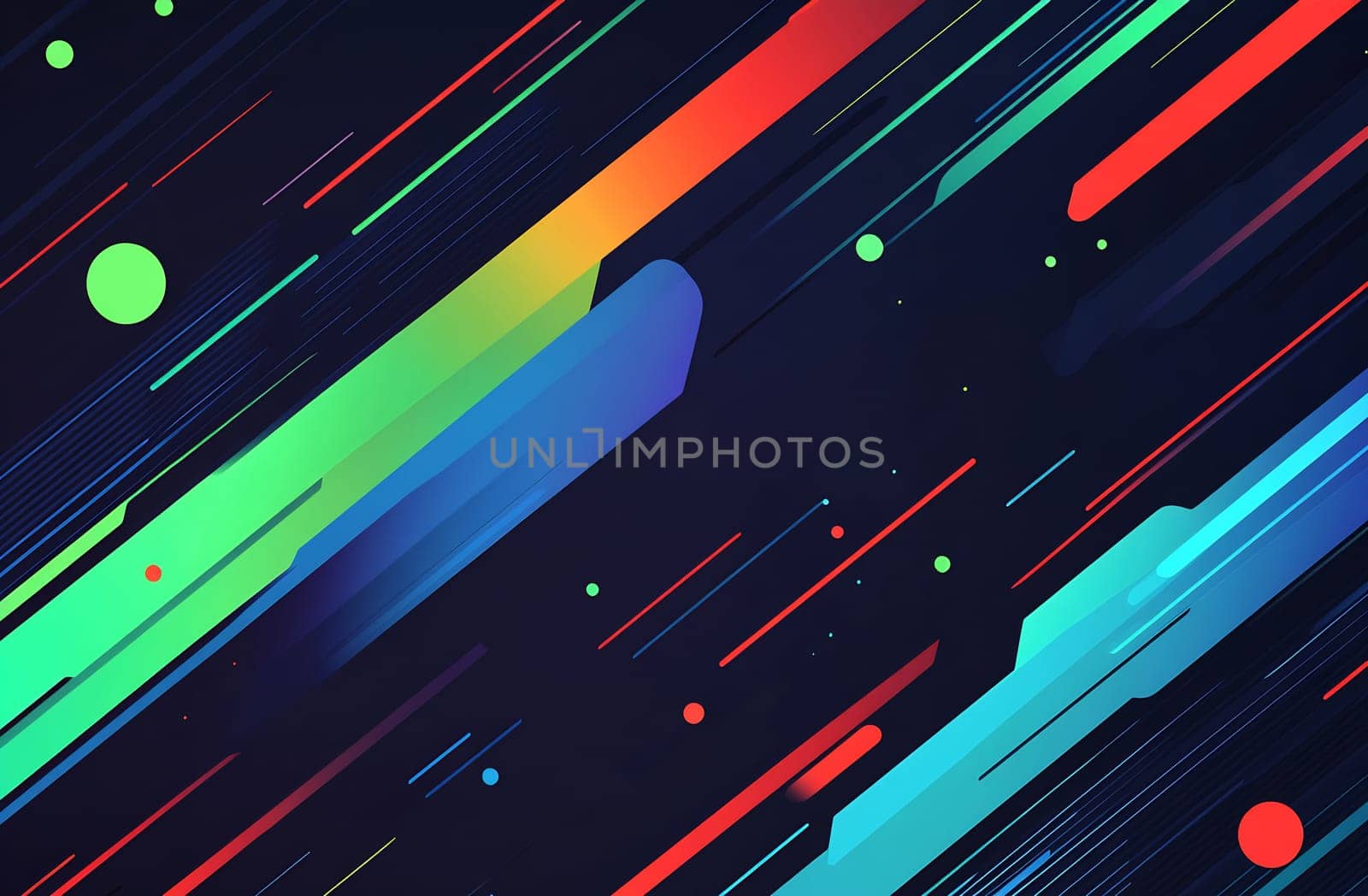 Bright colors create a dynamic abstract design featuring lines and circles on a dark background, evoking energy and movement.