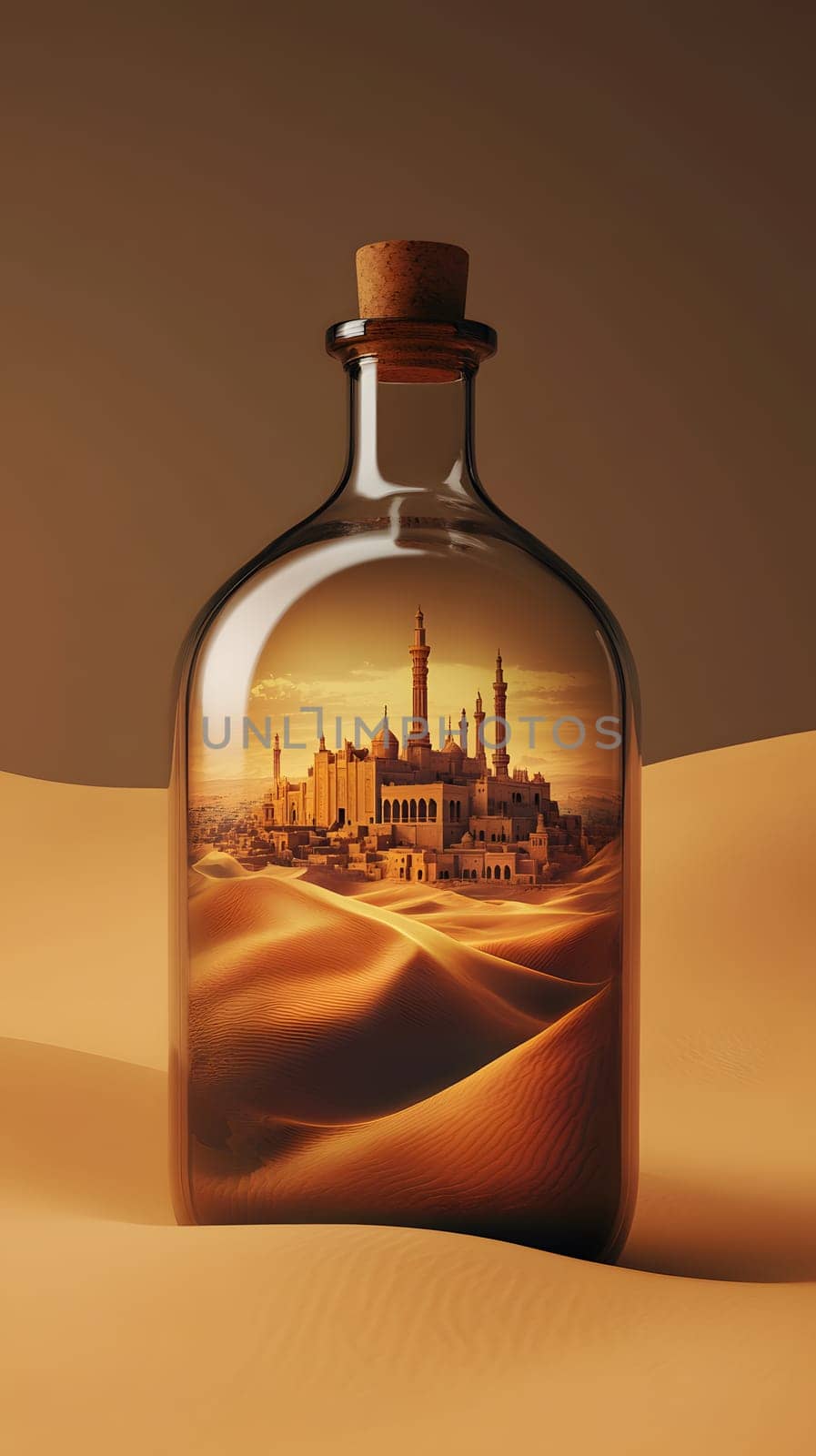 A bottle encasing a desert cityscape, blending nature and architecture.