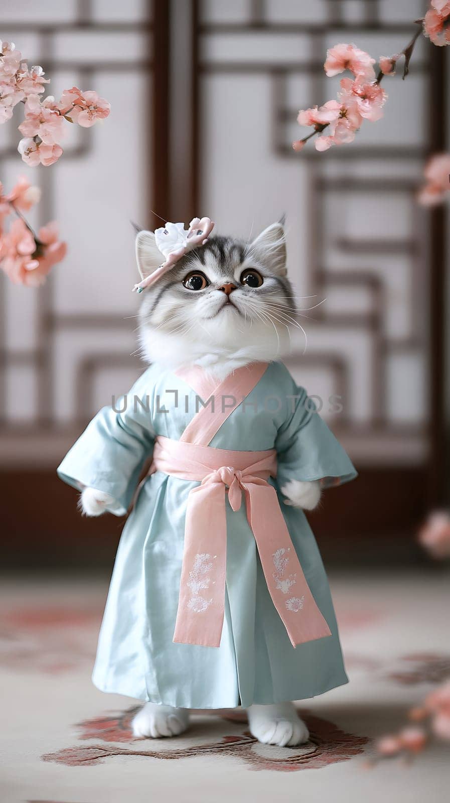 A cat dressed in a traditional outfit, standing among cherry blossoms.