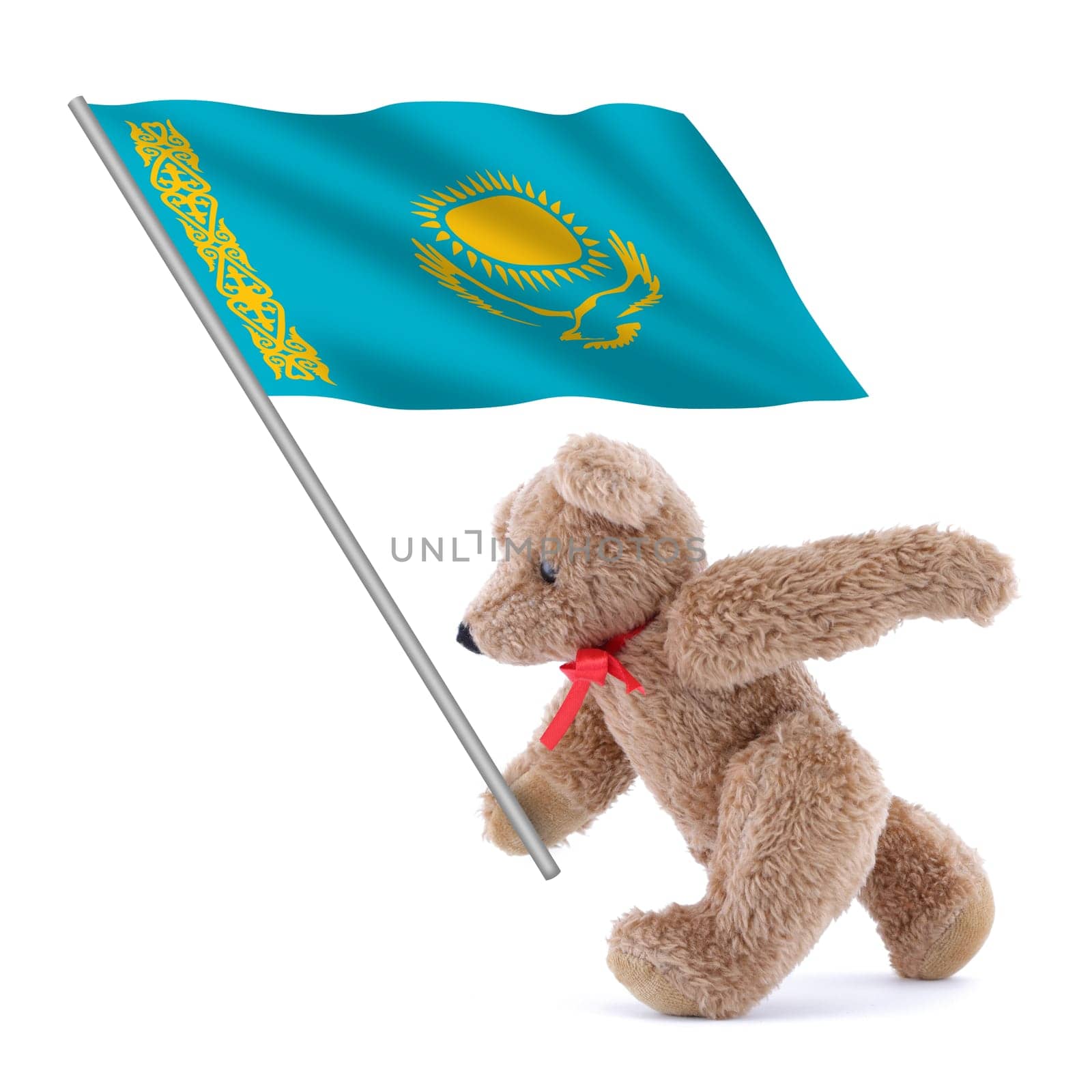 A Kazakhstan flag being carried by a cute teddy bear