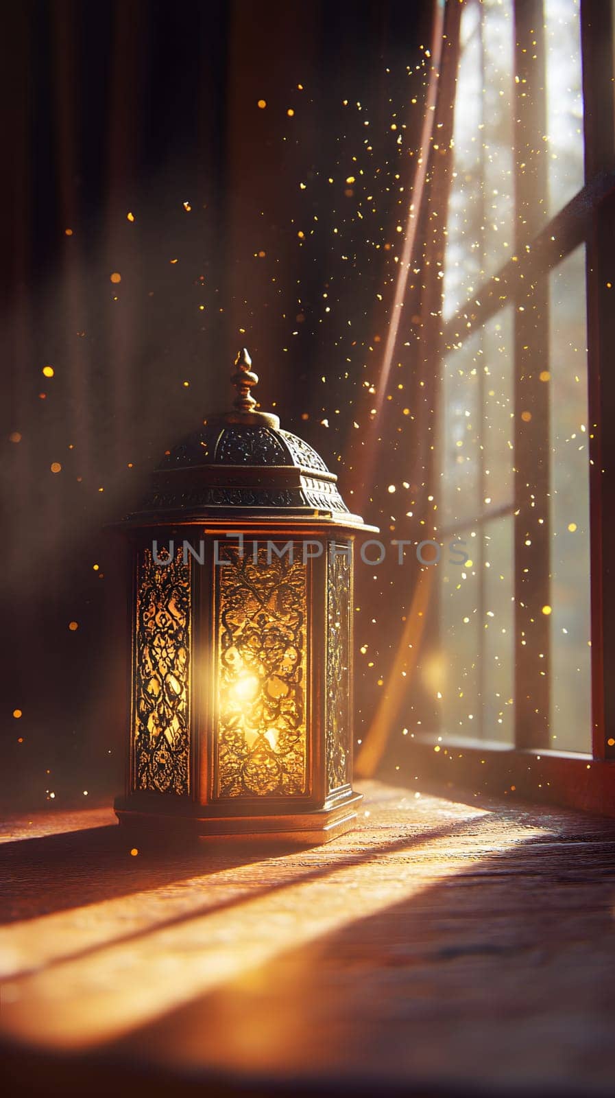 A beautifully illuminated lantern casting warm light in a serene room.