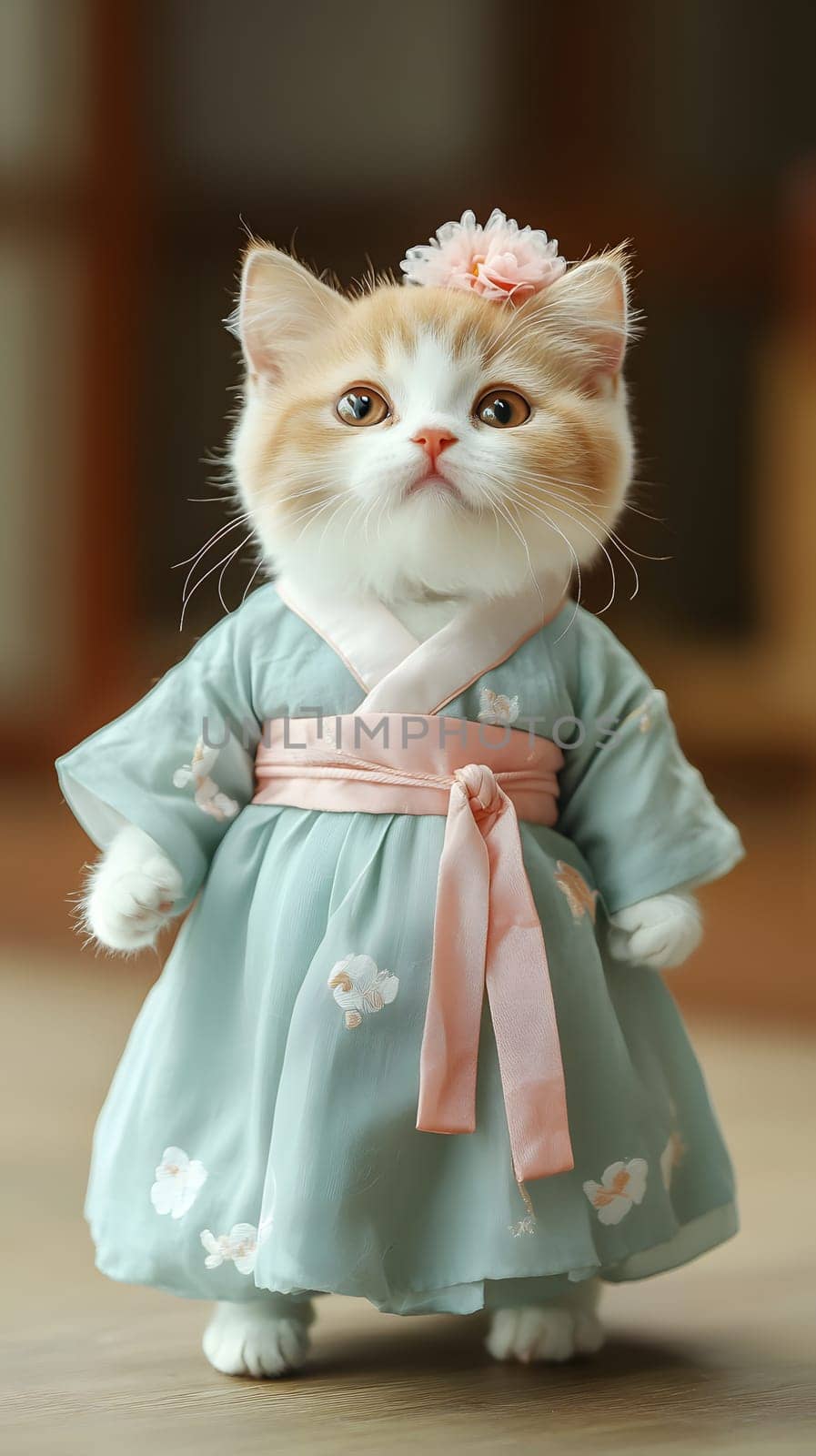 A cat dressed in a traditional outfit, standing elegantly.
