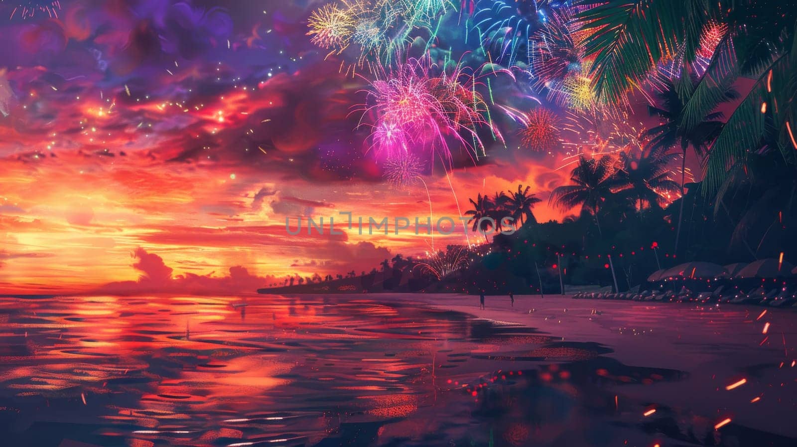 A colorful background with fireworks bursting over a beach at sunset