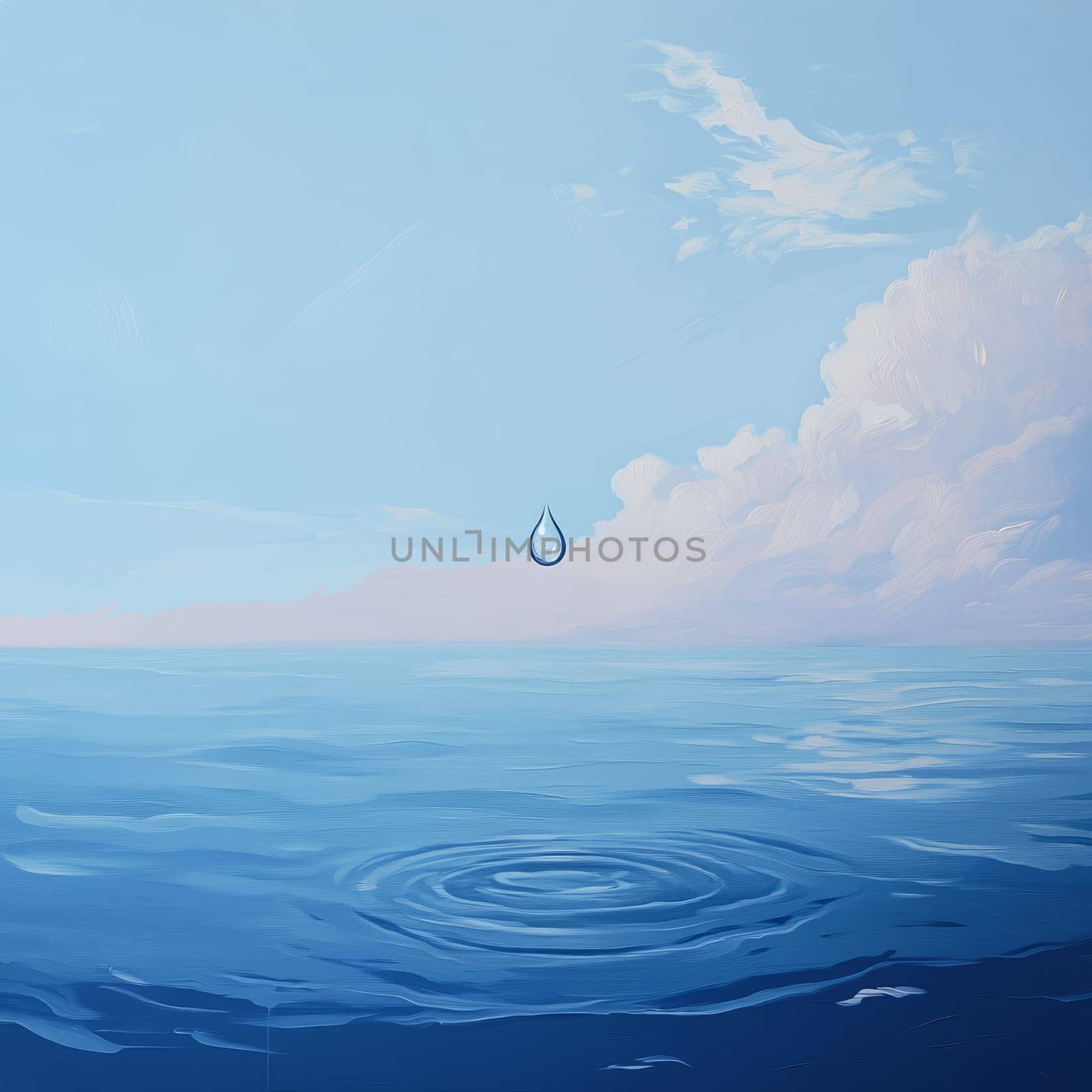 A serene ocean view featuring a single droplet creating ripples, set against a clear blue sky with gentle clouds.