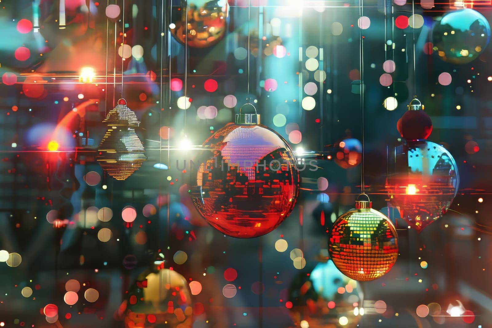 A bunch of Christmas ornaments hanging from a string. The ornaments are of different colors and sizes
