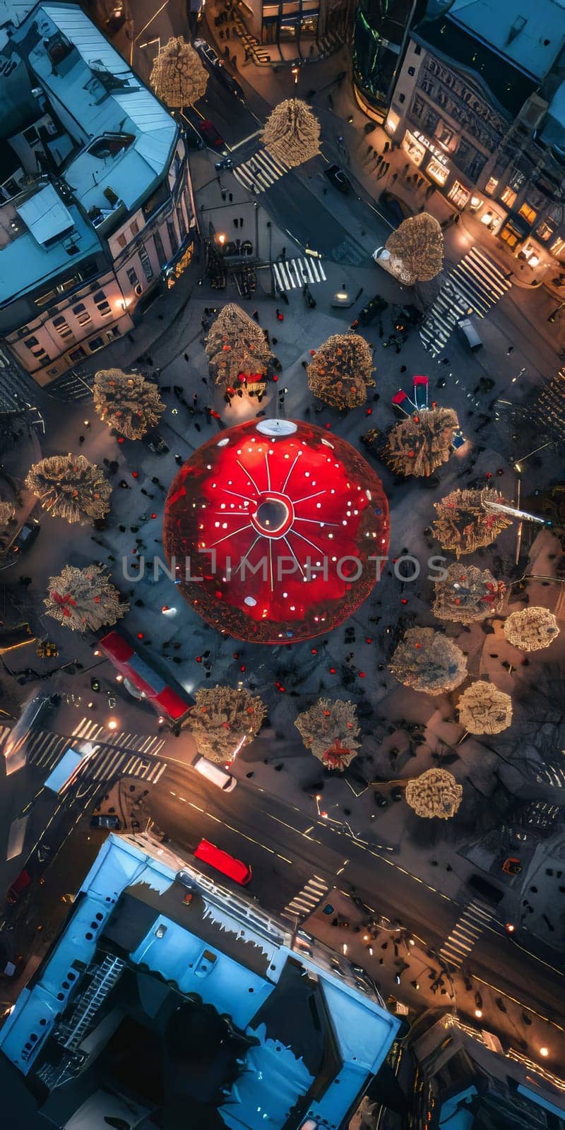 A red ball is in the center of a city. There are many people around it. The ball is surrounded by trees