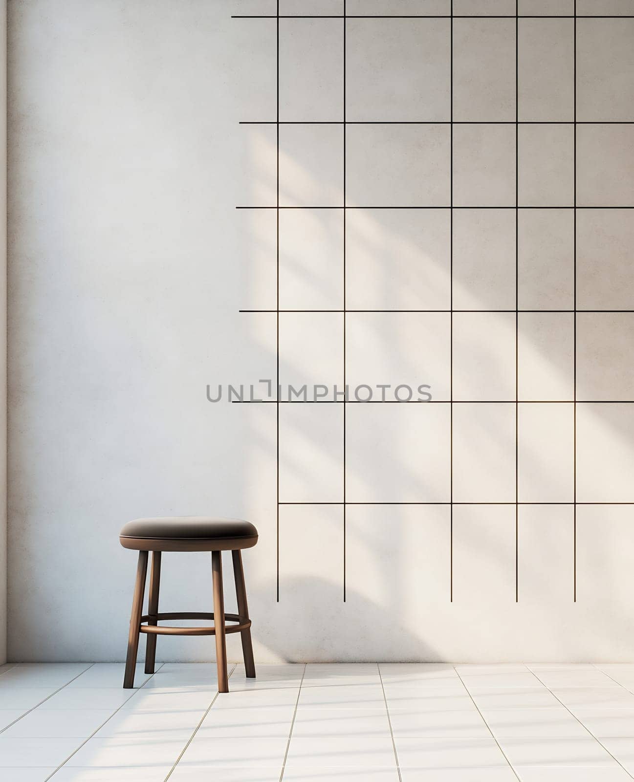 A wooden chair sits alone against a grid-patterned wall, illuminated by soft natural light in a modern room.