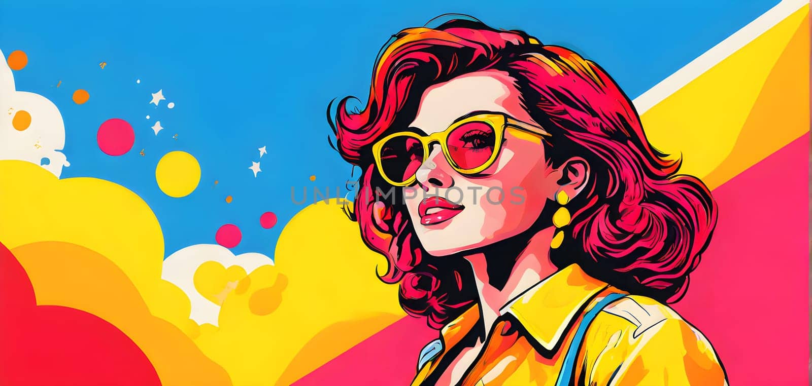 pop art wallpaper background in blue, yellow, pink and red hues